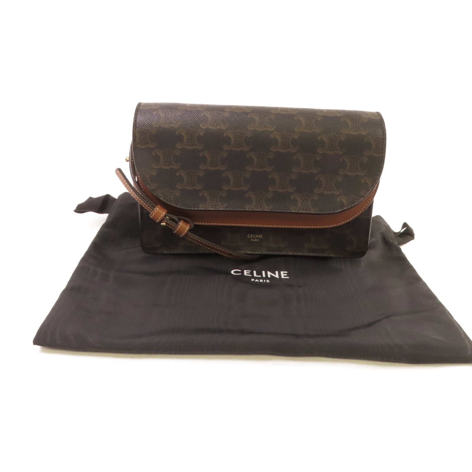 CELINE 塗層帆布Triomphe Wallet On Strap Shoulder Bag金扣肩背袋啡色