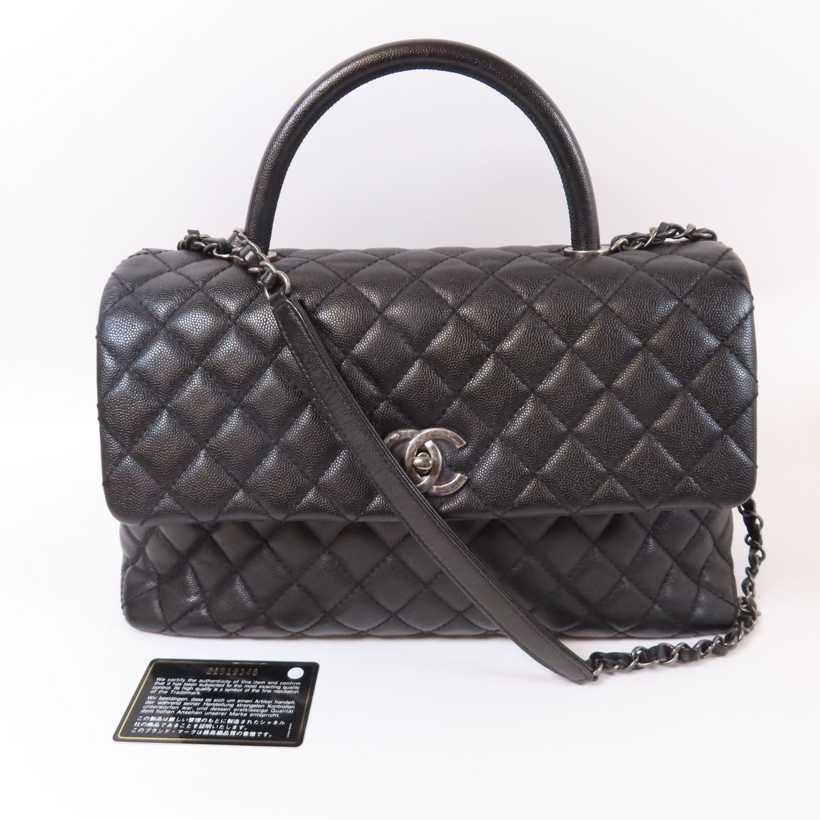 CHANEL 菱格Caviar皮革Coco Handle銀扣手挽肩背兩用袋黑色