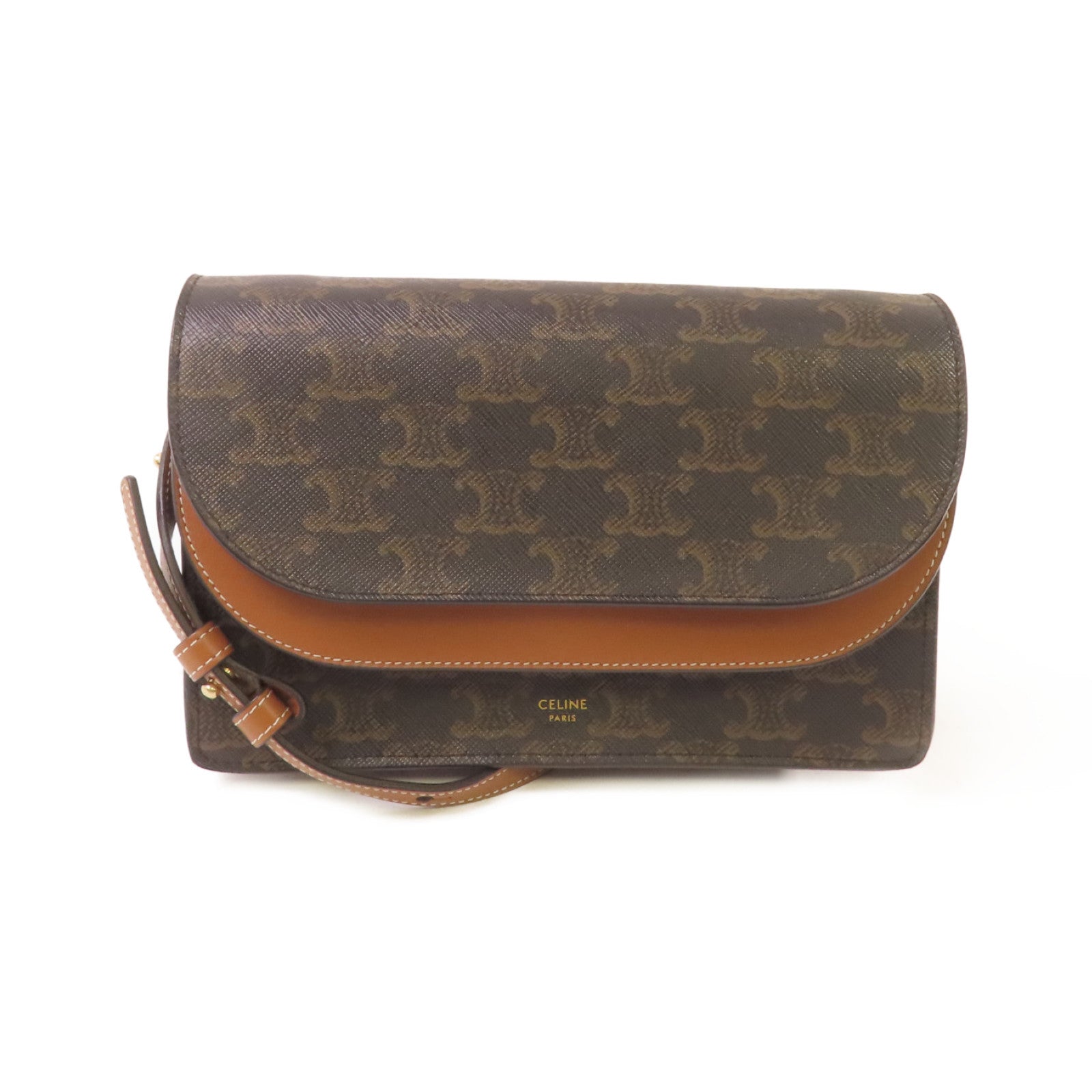 CELINE 塗層帆布Triomphe Wallet On Strap Shoulder Bag金扣肩背袋啡色