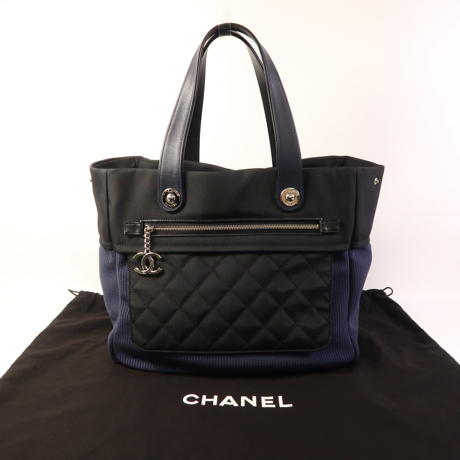 CHANEL 帆布Tote Bag銀扣肩背袋
