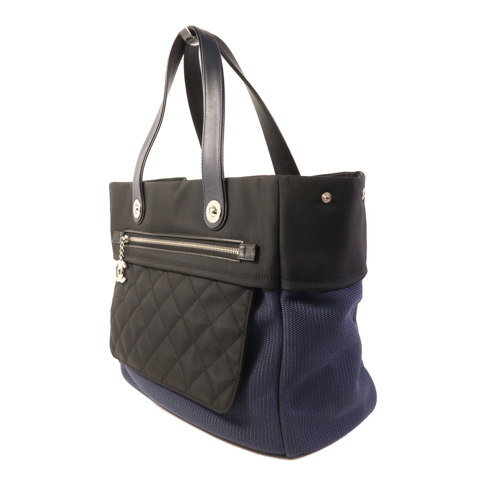 CHANEL 帆布Tote Bag銀扣肩背袋