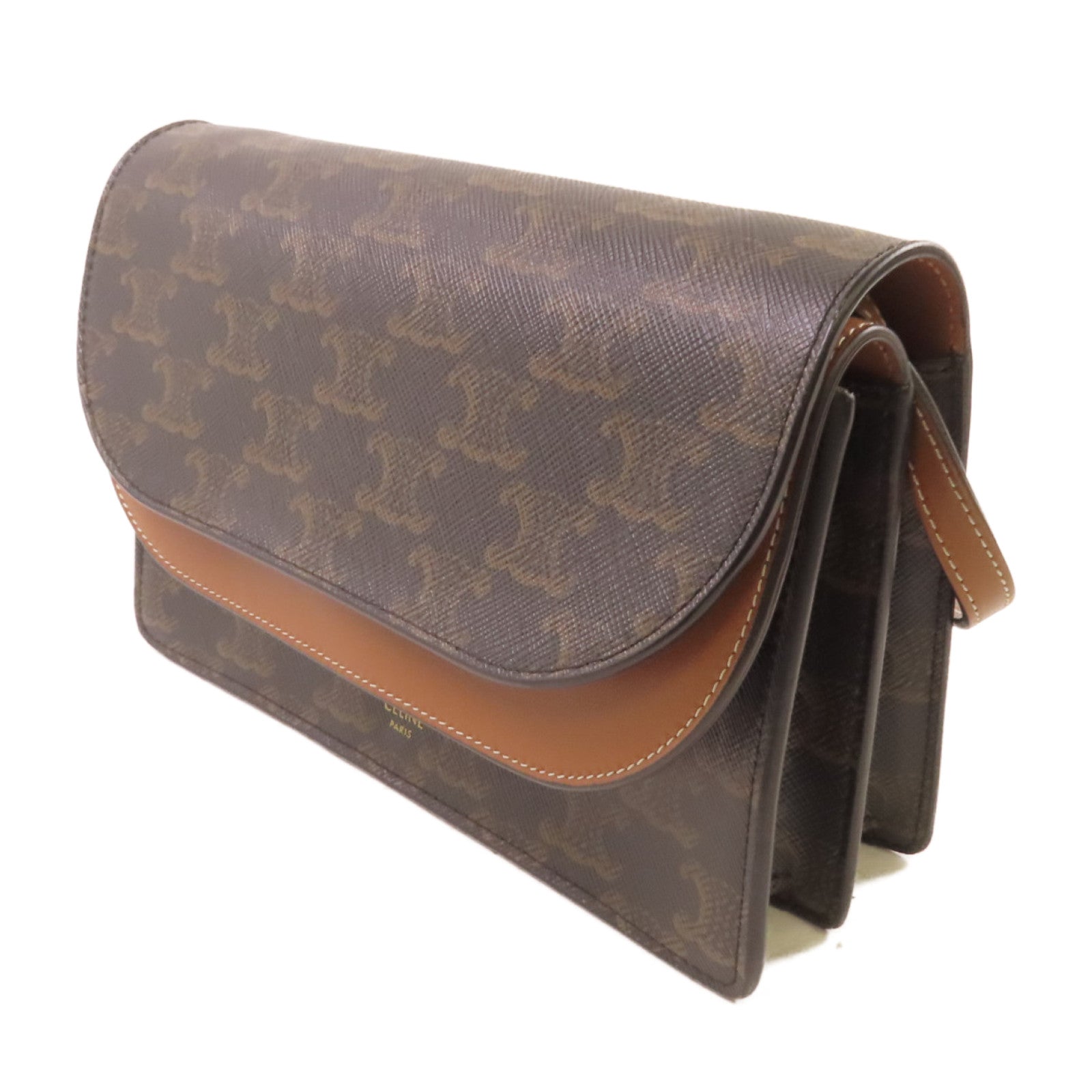 CELINE 塗層帆布Triomphe Wallet On Strap Shoulder Bag金扣肩背袋啡色