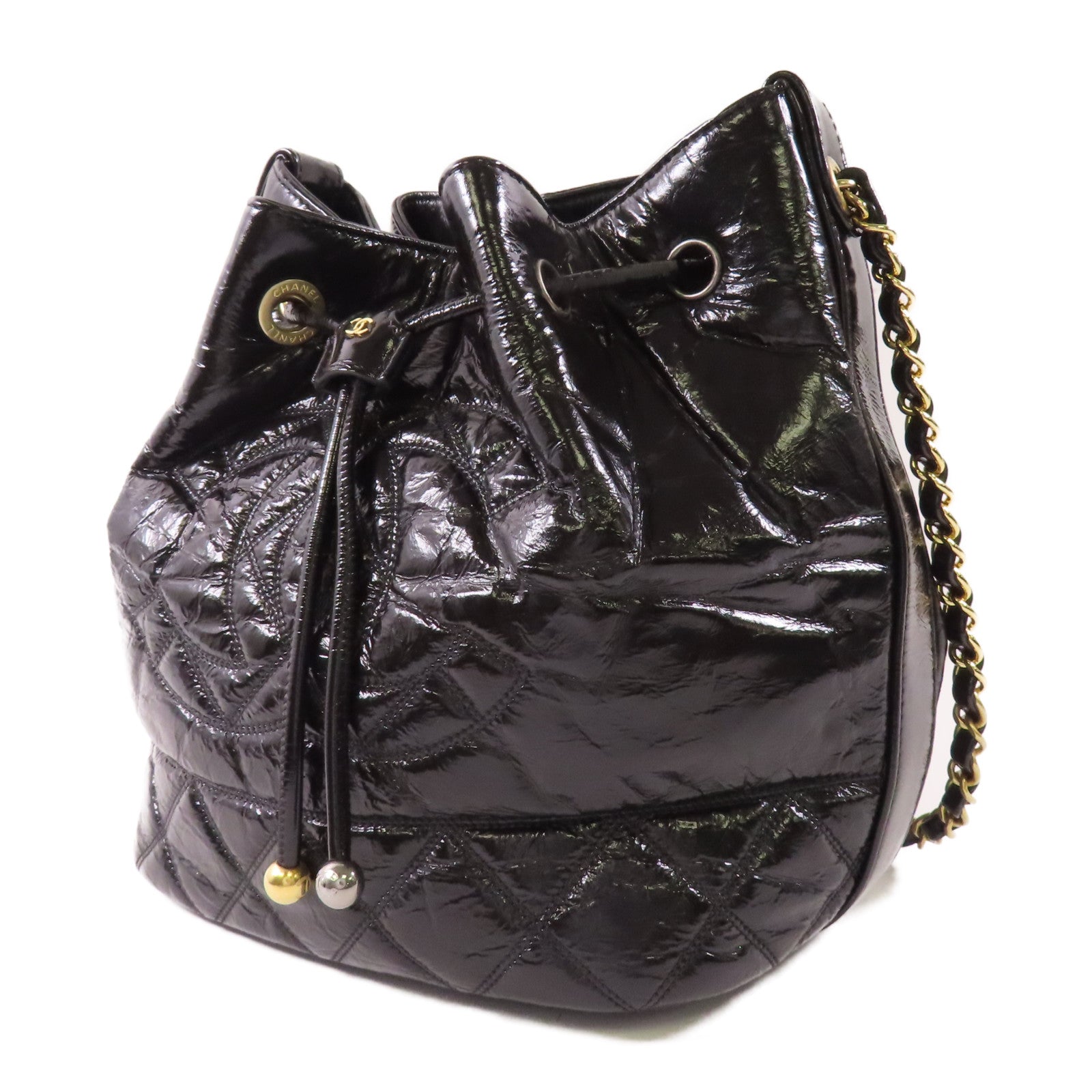 CHANEL 漆皮皮革Drawstring Bag金扣鏈帶肩背袋