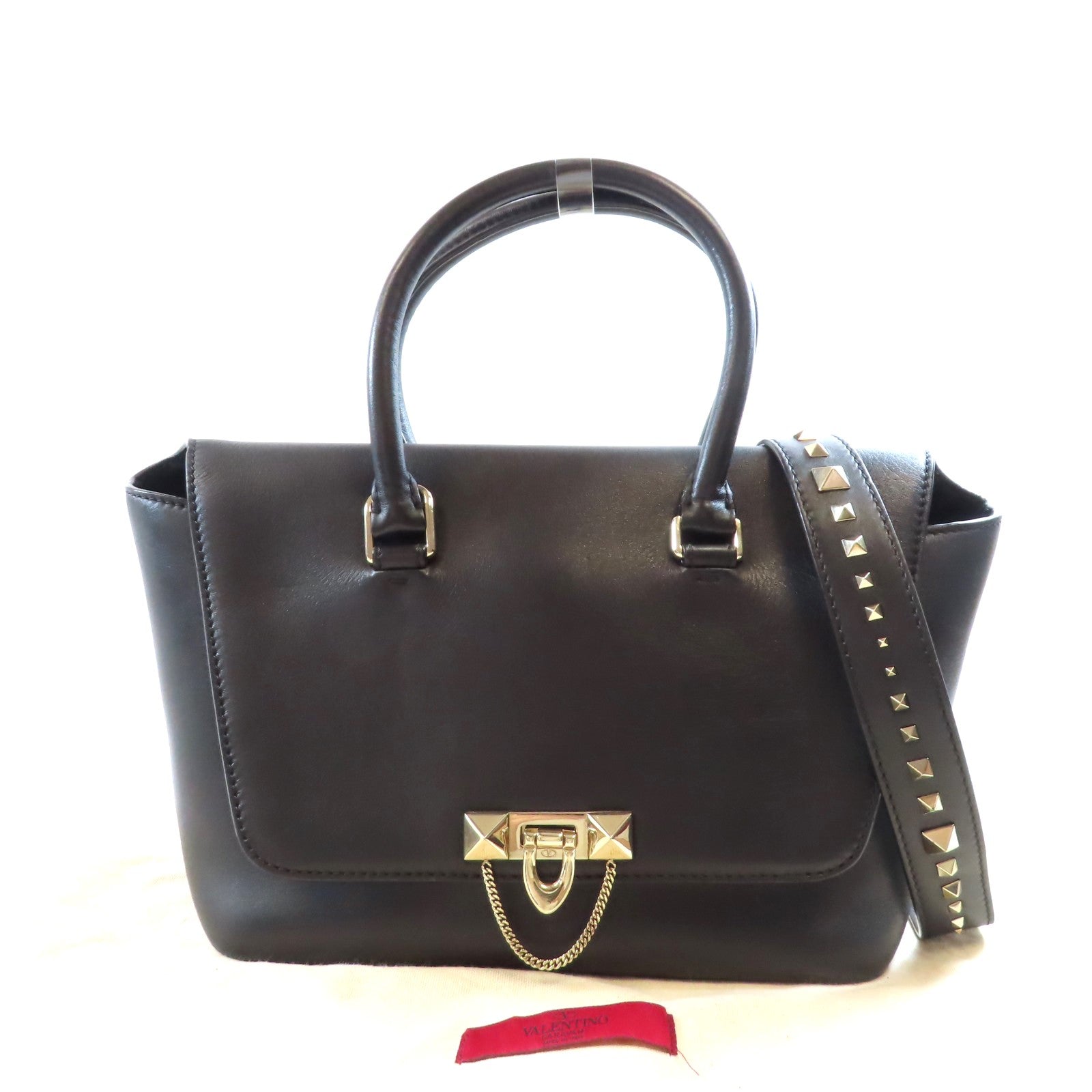 Valentino 牛皮皮革Hand Bag金扣手挽肩背兩用袋黑色