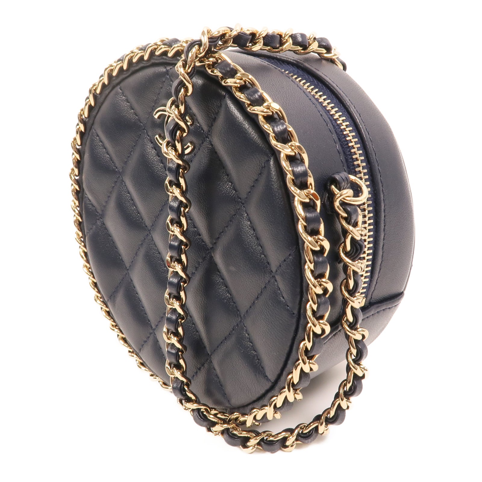 CHANEL 羊皮皮革Round Chain Bag金扣鏈帶肩背袋