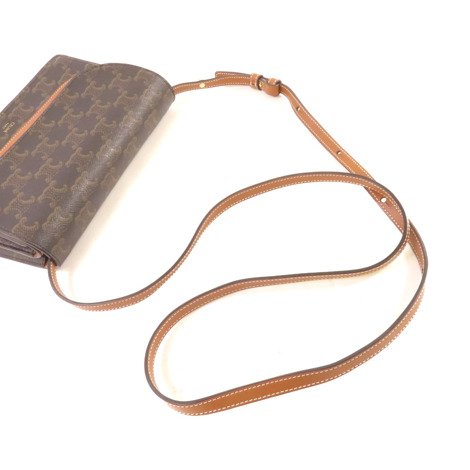 CELINE 塗層帆布Triomphe Wallet On Strap Shoulder Bag金扣肩背袋啡色