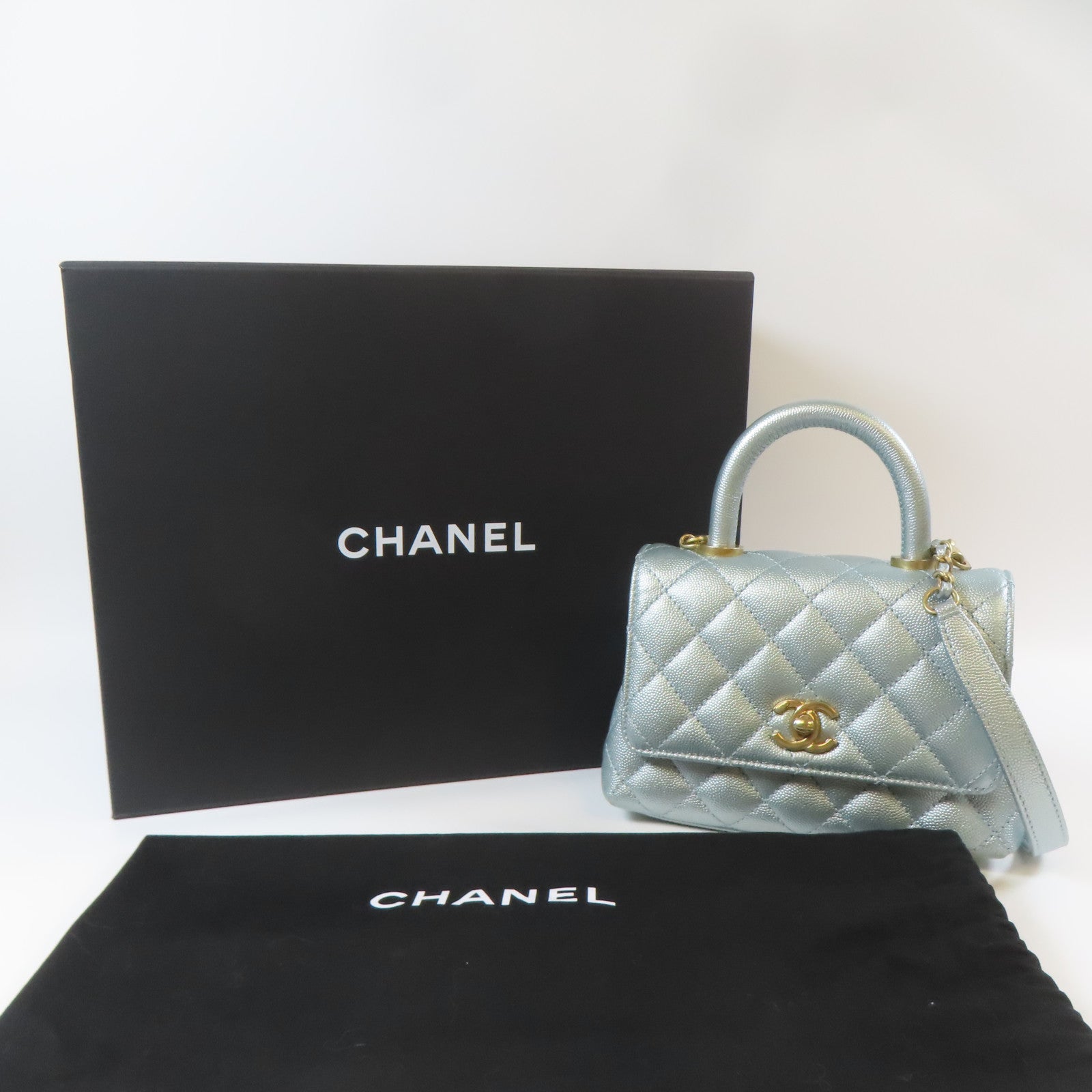 CHANEL 【激減優惠】菱格Caviar皮革Mini Coco Handle金扣手挽肩背兩用袋藍色