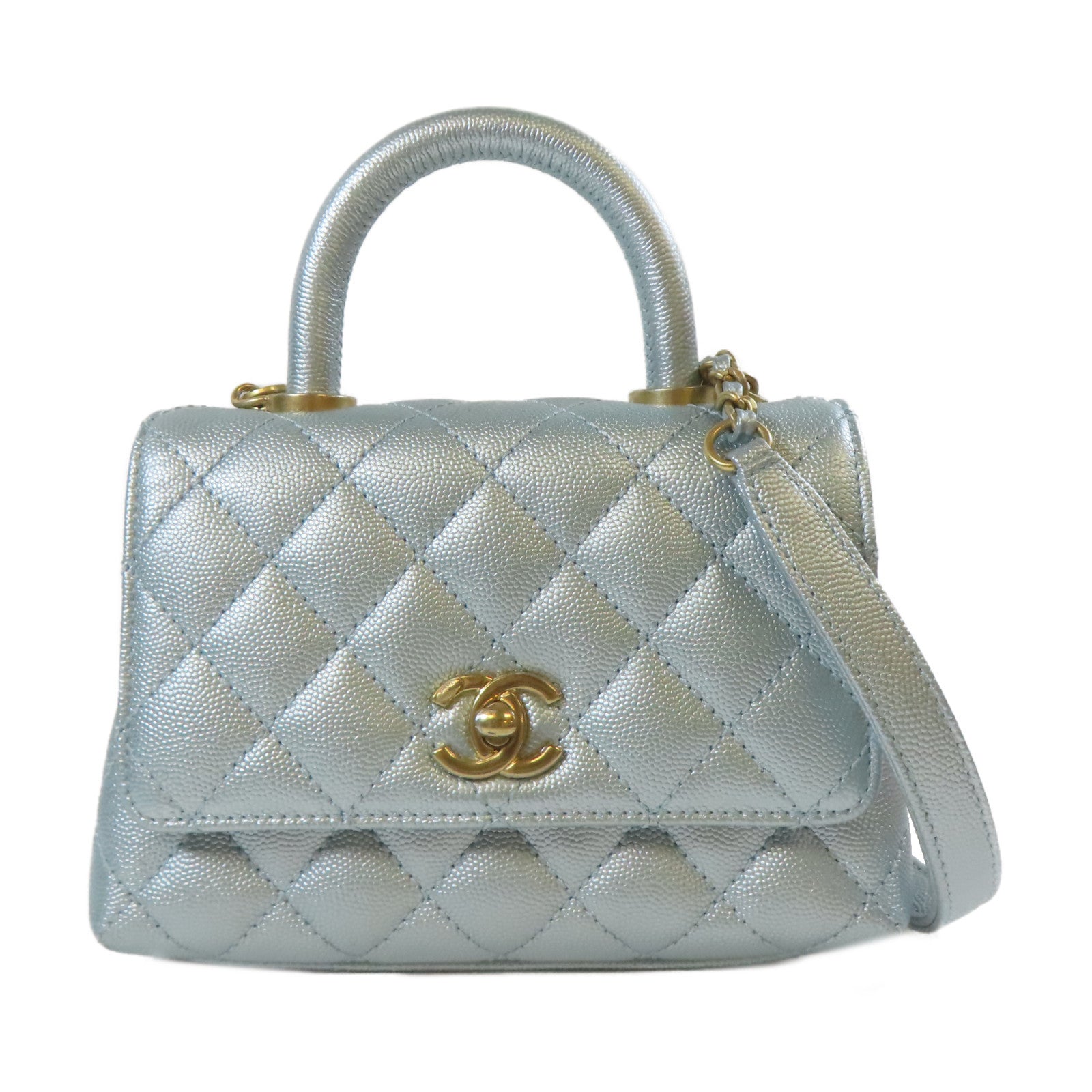 CHANEL 【激減優惠】菱格Caviar皮革Mini Coco Handle金扣手挽肩背兩用袋藍色