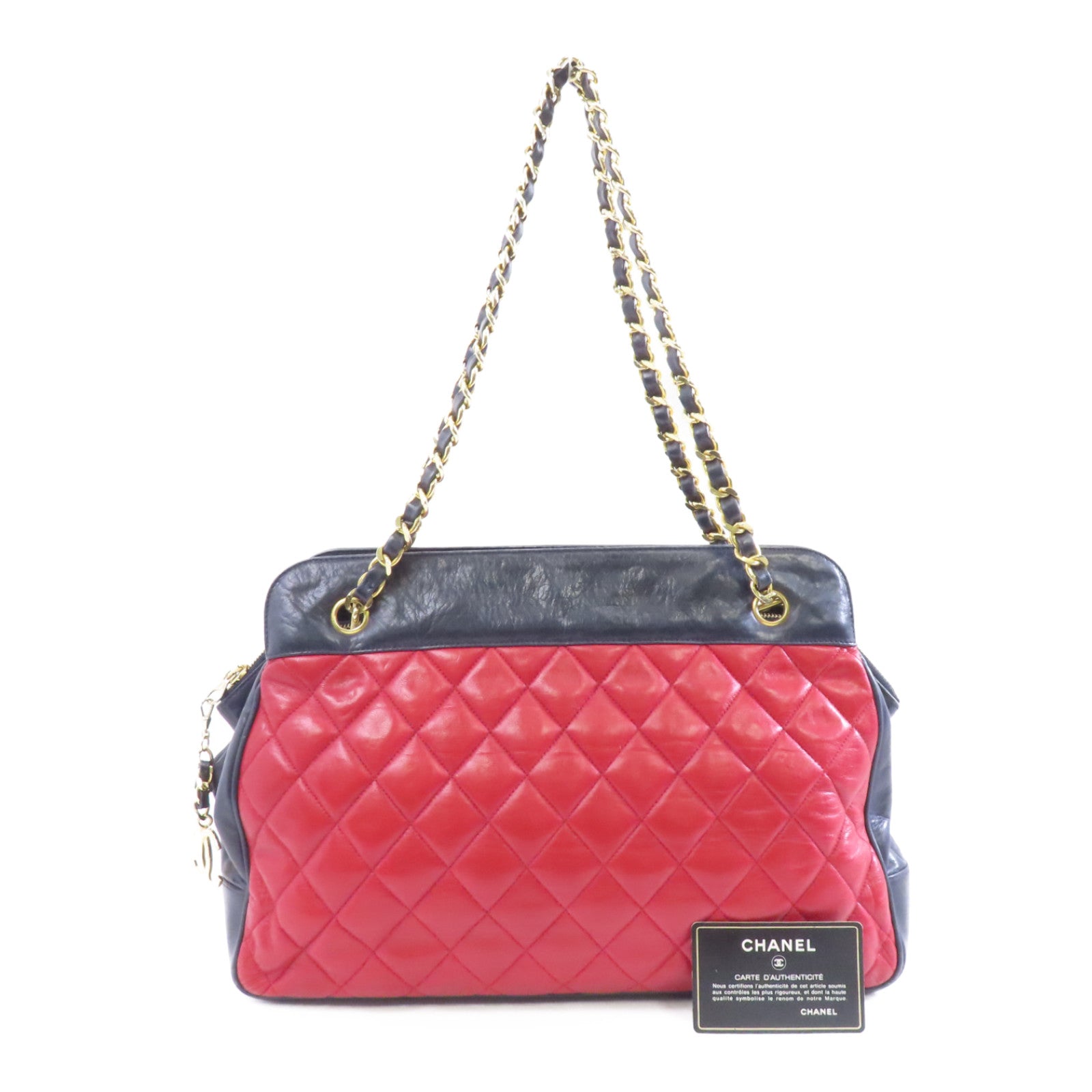 CHANEL 菱格牛皮皮革Chain Shoulder Bag金扣鏈帶肩背袋紅色/藍色