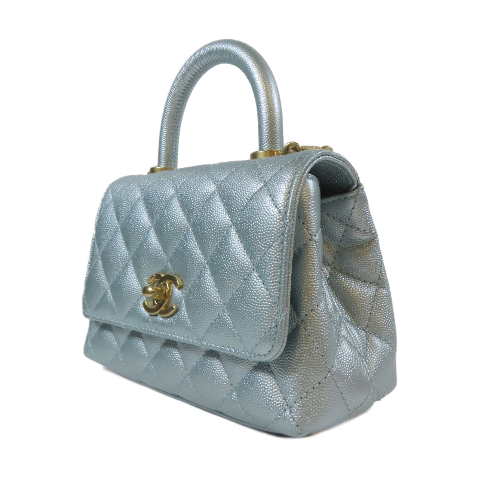CHANEL 【激減優惠】菱格Caviar皮革Mini Coco Handle金扣手挽肩背兩用袋藍色