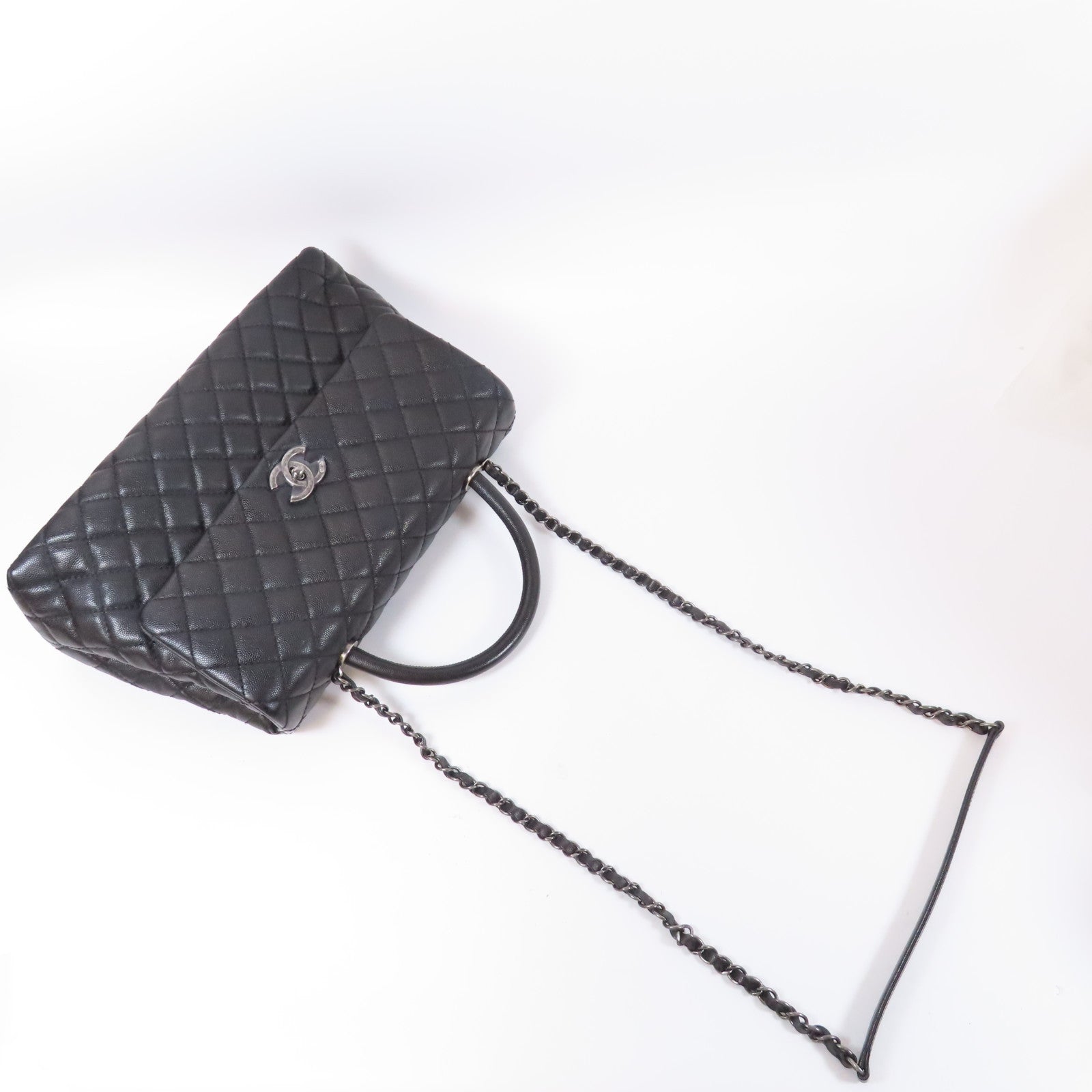 CHANEL 菱格Caviar皮革Coco Handle銀扣手挽肩背兩用袋黑色