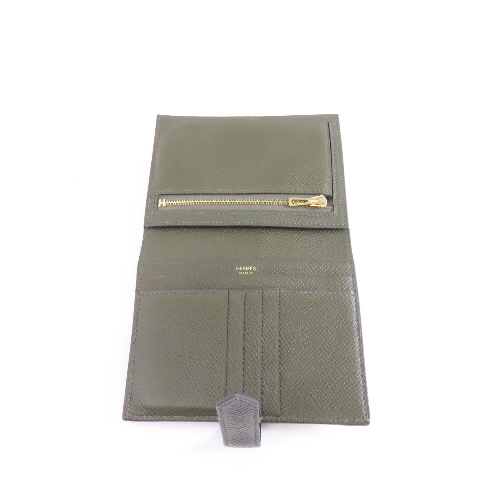 HERMES 【激減優惠】Epsom皮革Bearn Wallet金扣錢包Vert de Gris綠色
