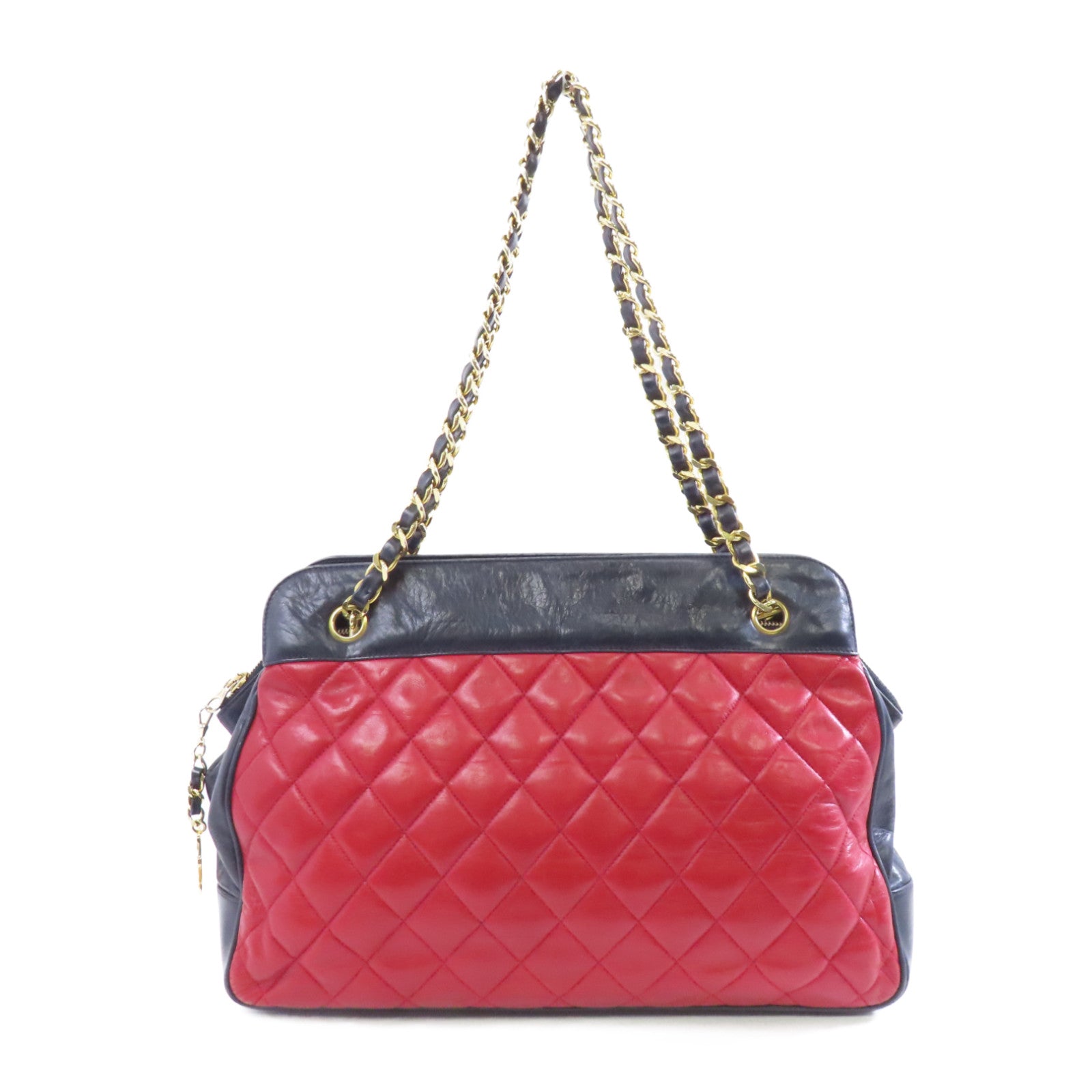 CHANEL 菱格牛皮皮革Chain Shoulder Bag金扣鏈帶肩背袋紅色/藍色