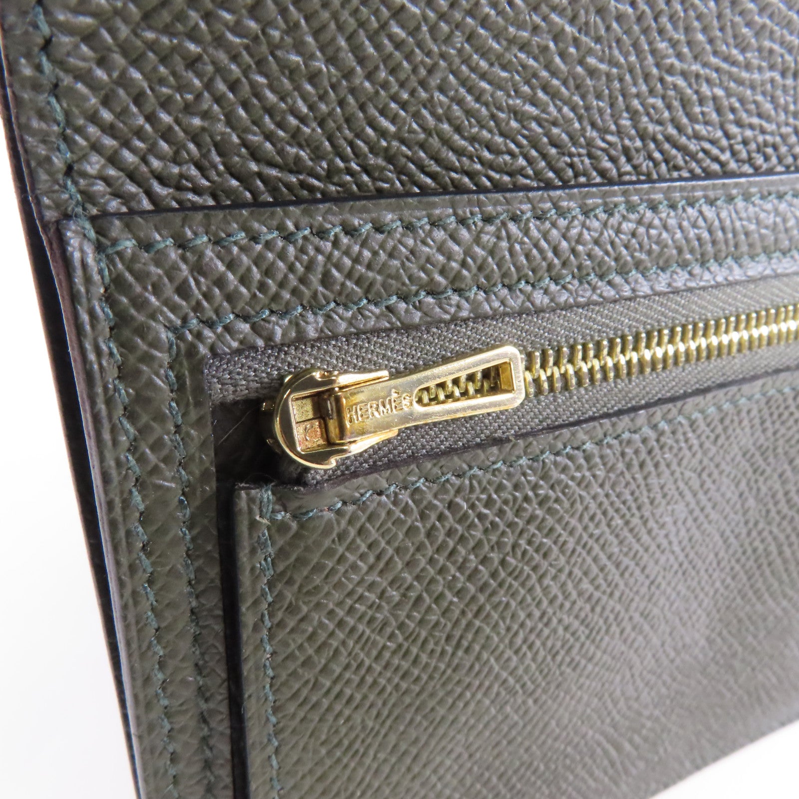 HERMES 【激減優惠】Epsom皮革Bearn Wallet金扣錢包Vert de Gris綠色