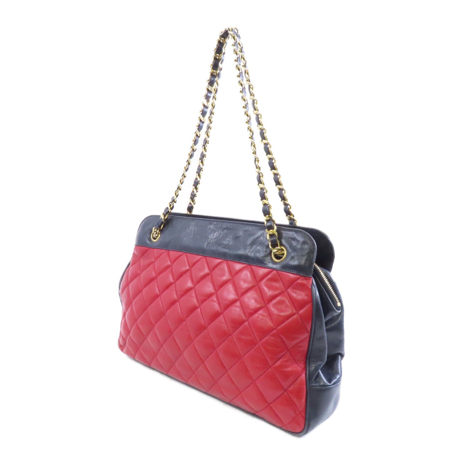 CHANEL 菱格牛皮皮革Chain Shoulder Bag金扣鏈帶肩背袋紅色/藍色
