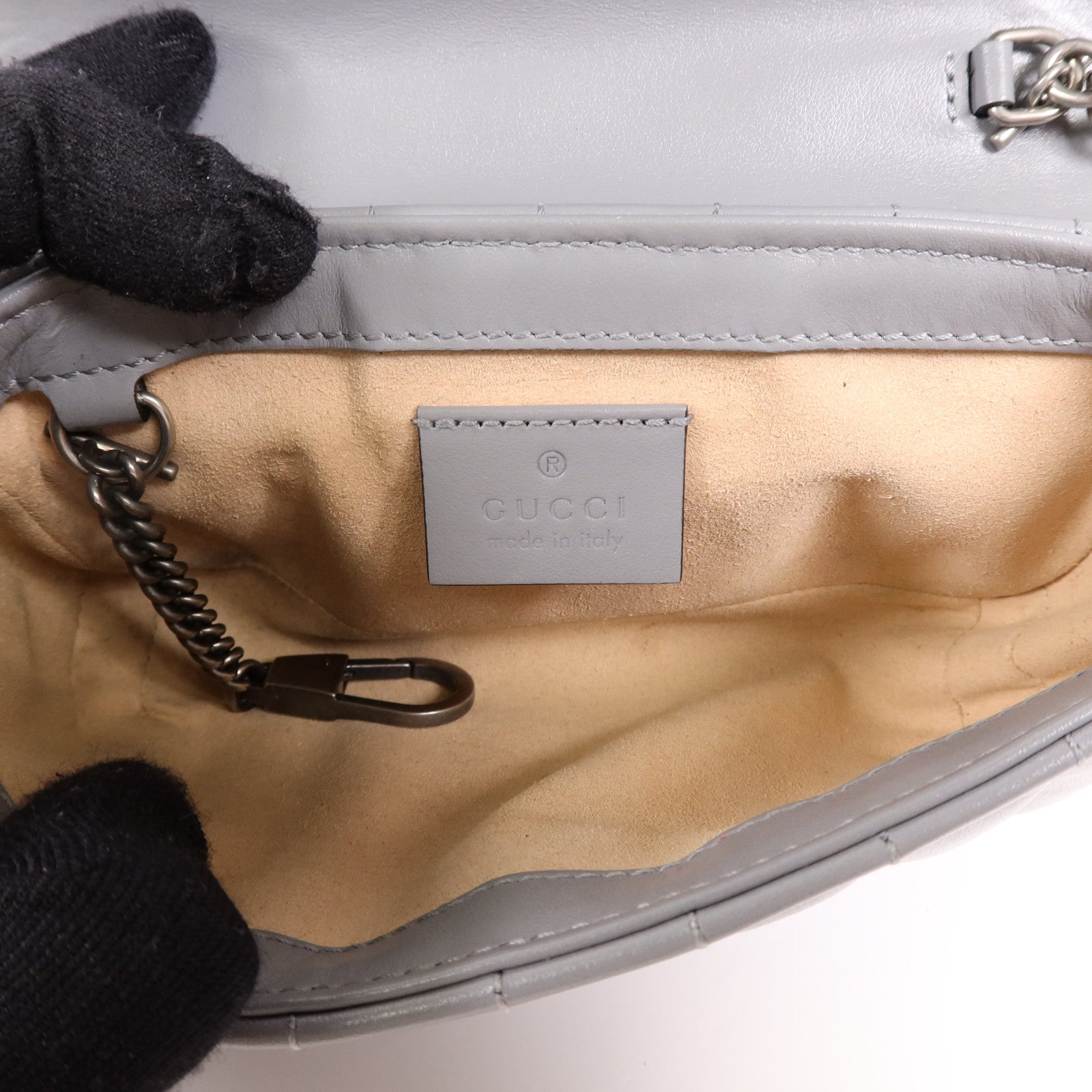 GUCCI 牛皮皮革GG Marmont Super Mini銀扣鏈帶肩背袋