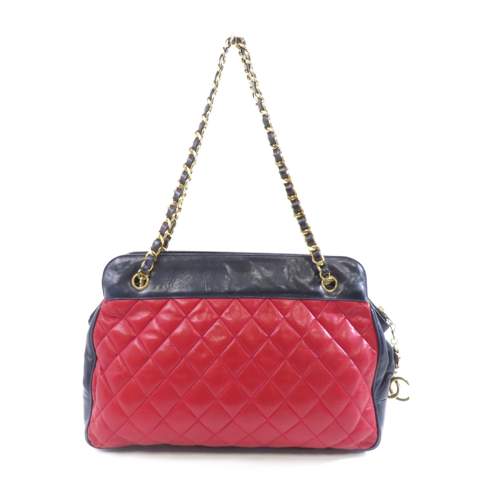 CHANEL 菱格牛皮皮革Chain Shoulder Bag金扣鏈帶肩背袋紅色/藍色