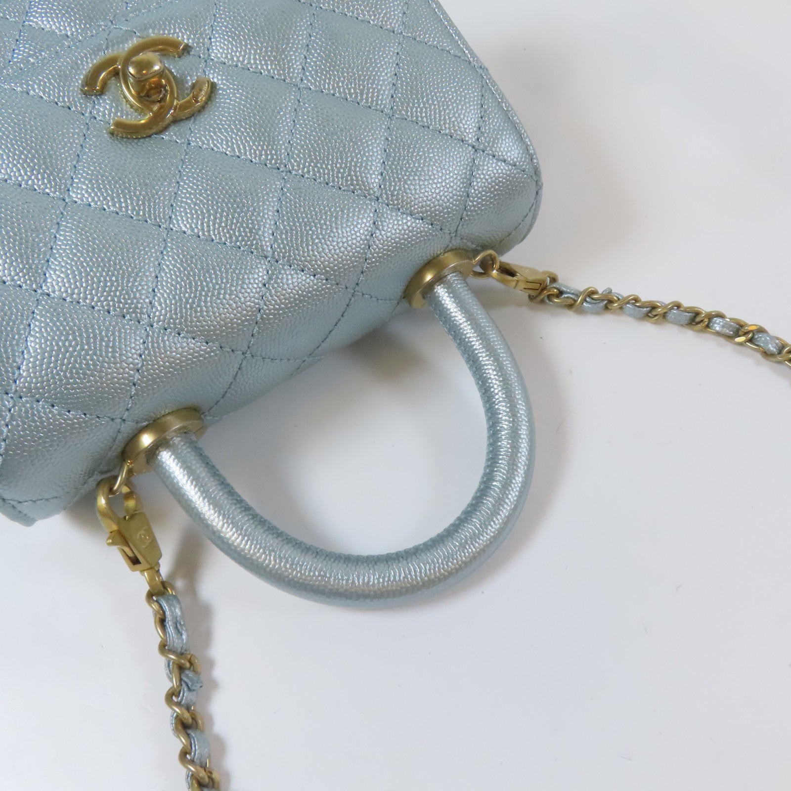 CHANEL 【激減優惠】菱格Caviar皮革Mini Coco Handle金扣手挽肩背兩用袋藍色