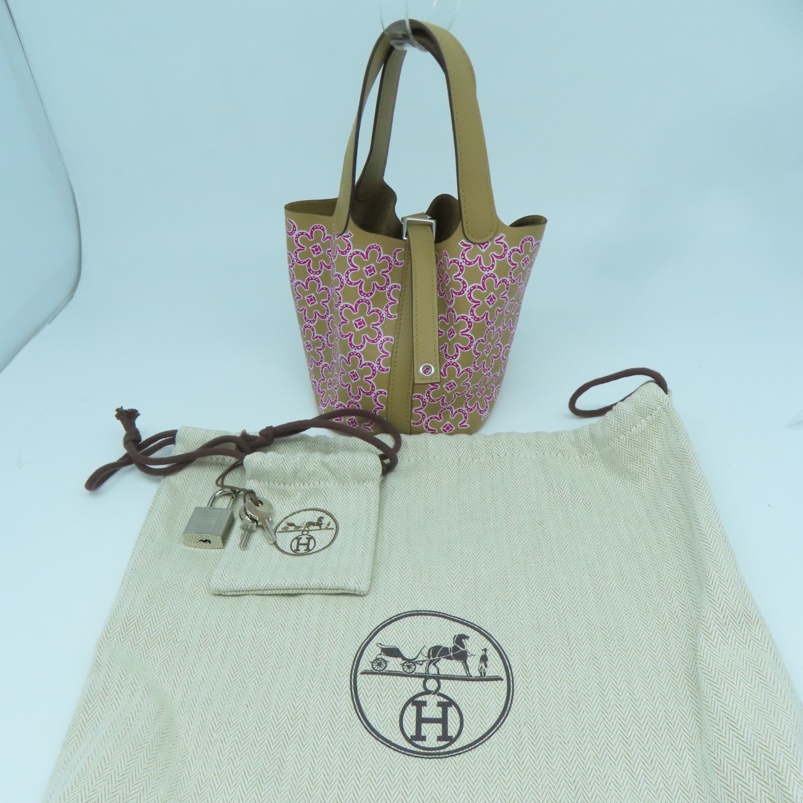HERMES 【激減優惠】Swift皮革Picotin Lock Micro Lucky Daisy銀扣手挽袋米色