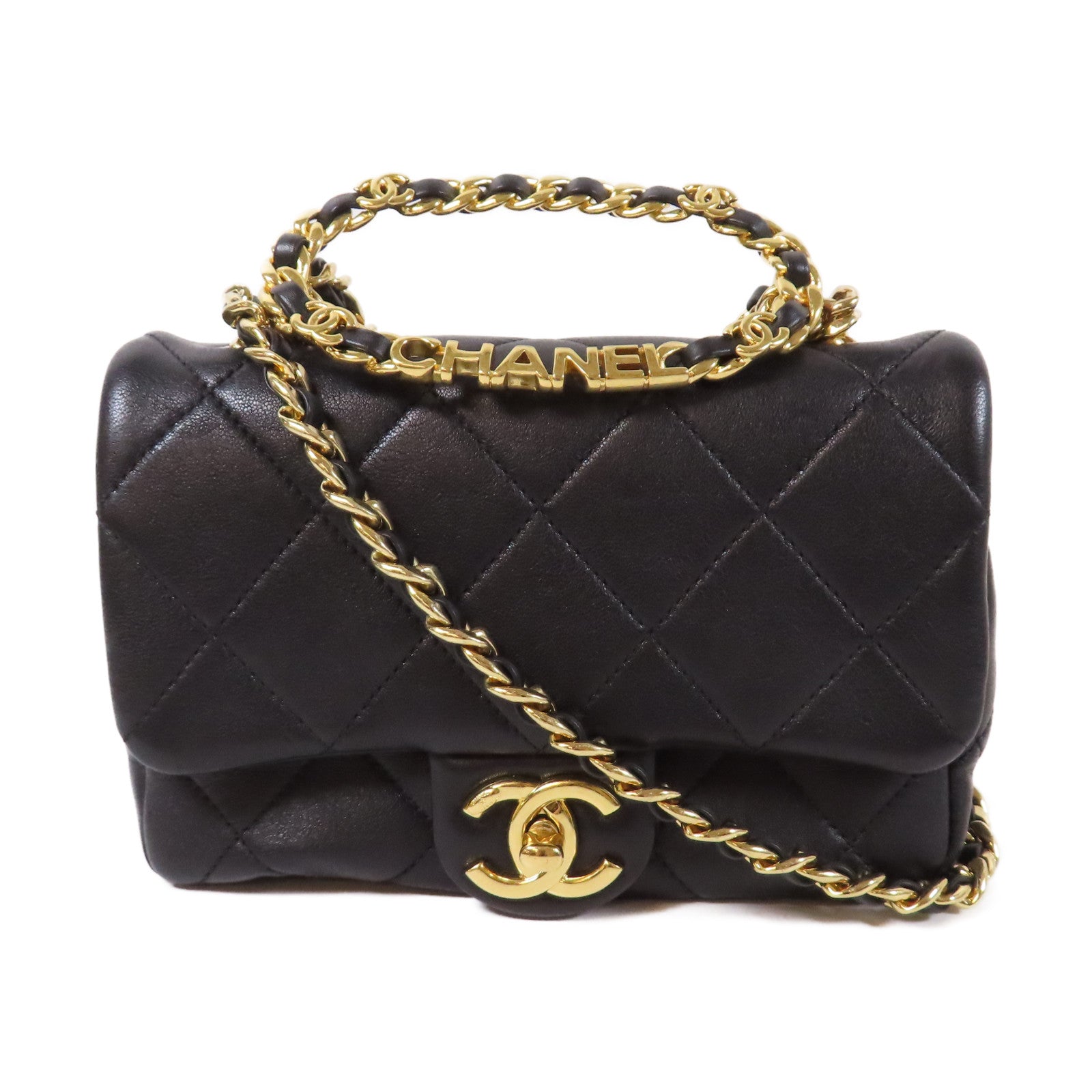 CHANEL 【激減優惠】菱格羊皮皮革2 Way Chain Shoulder金扣鏈帶手挽肩背兩用袋黑色