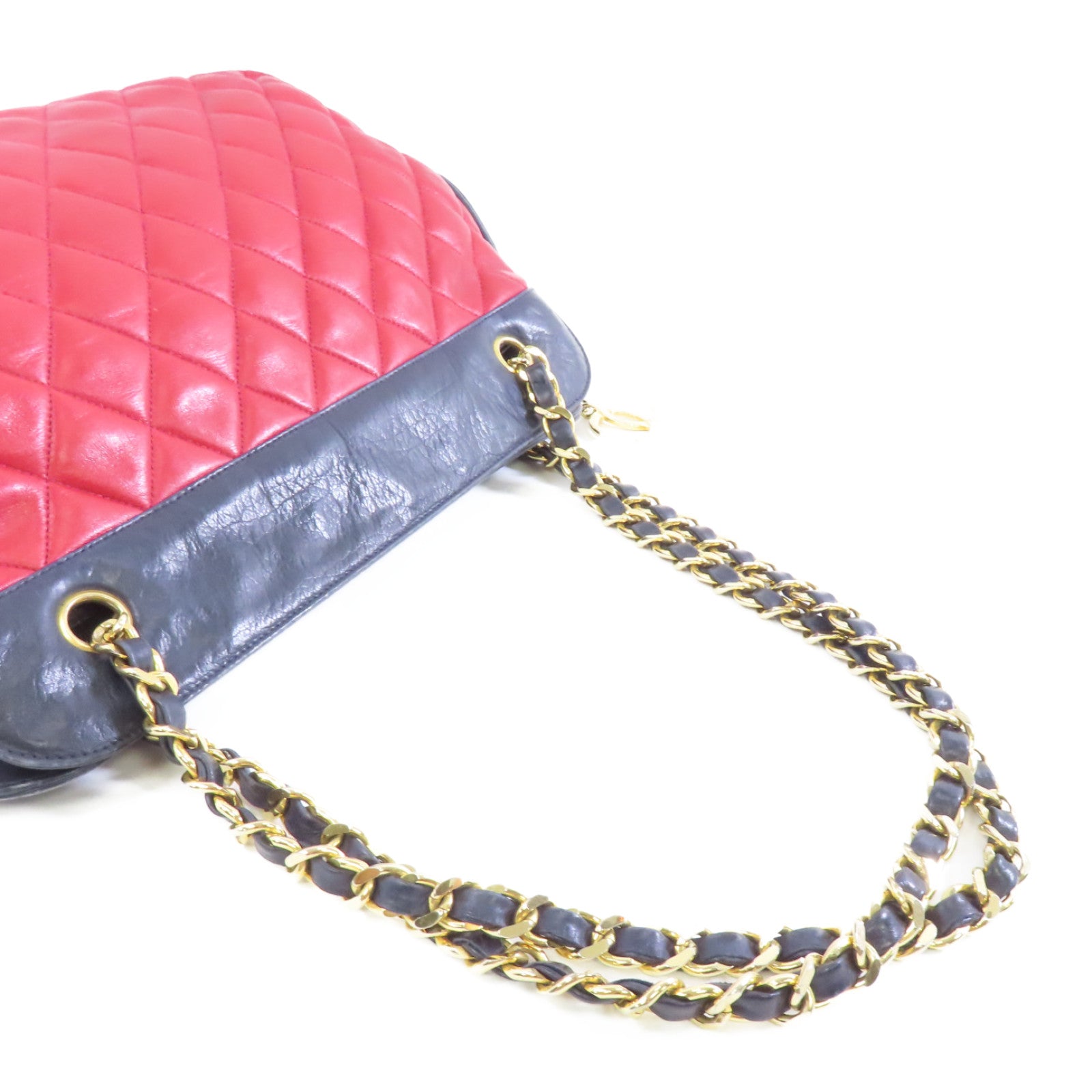 CHANEL 菱格牛皮皮革Chain Shoulder Bag金扣鏈帶肩背袋紅色/藍色