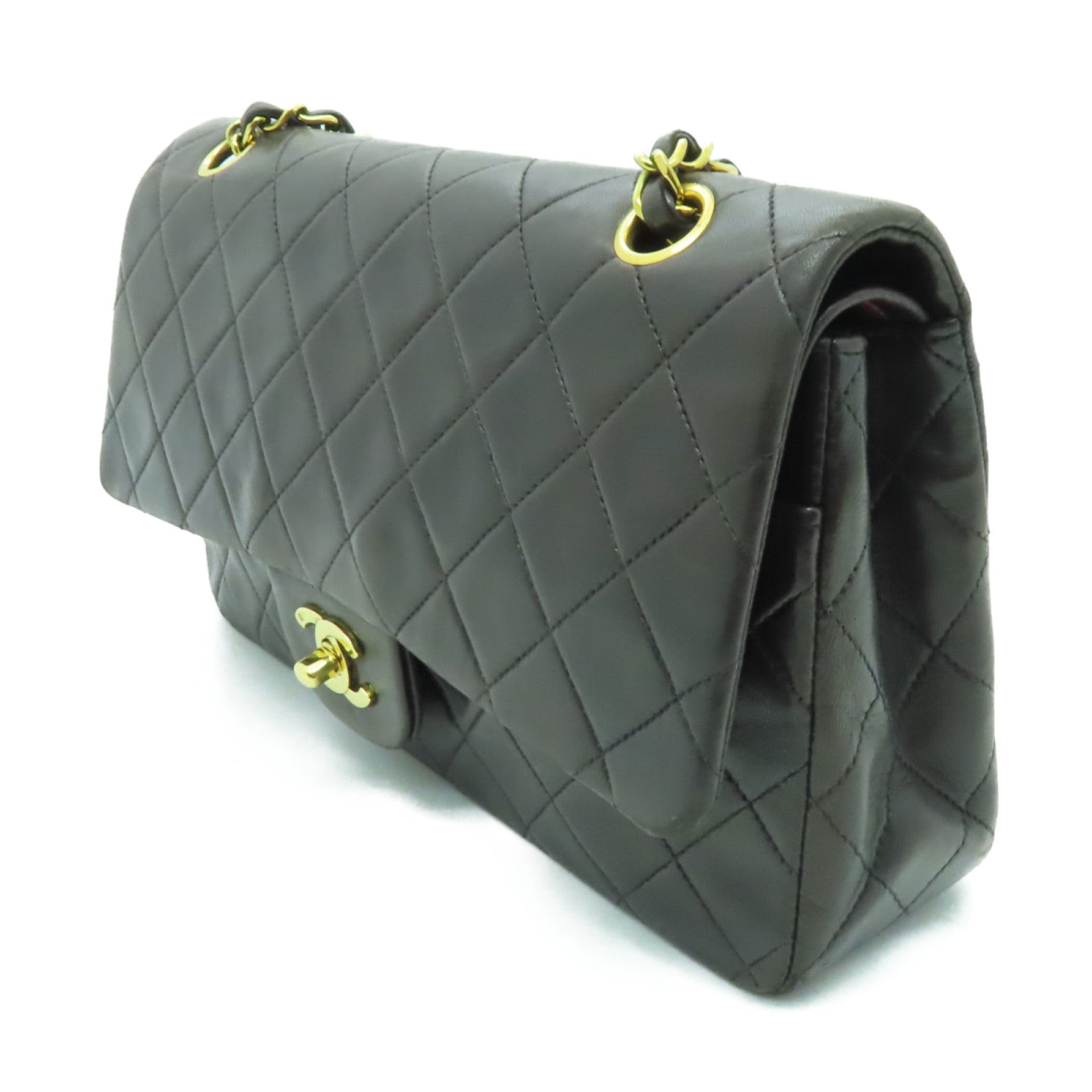 CHANEL 【激減優惠】菱格牛皮皮革Classic Flap 25金扣鏈帶肩背袋深啡色