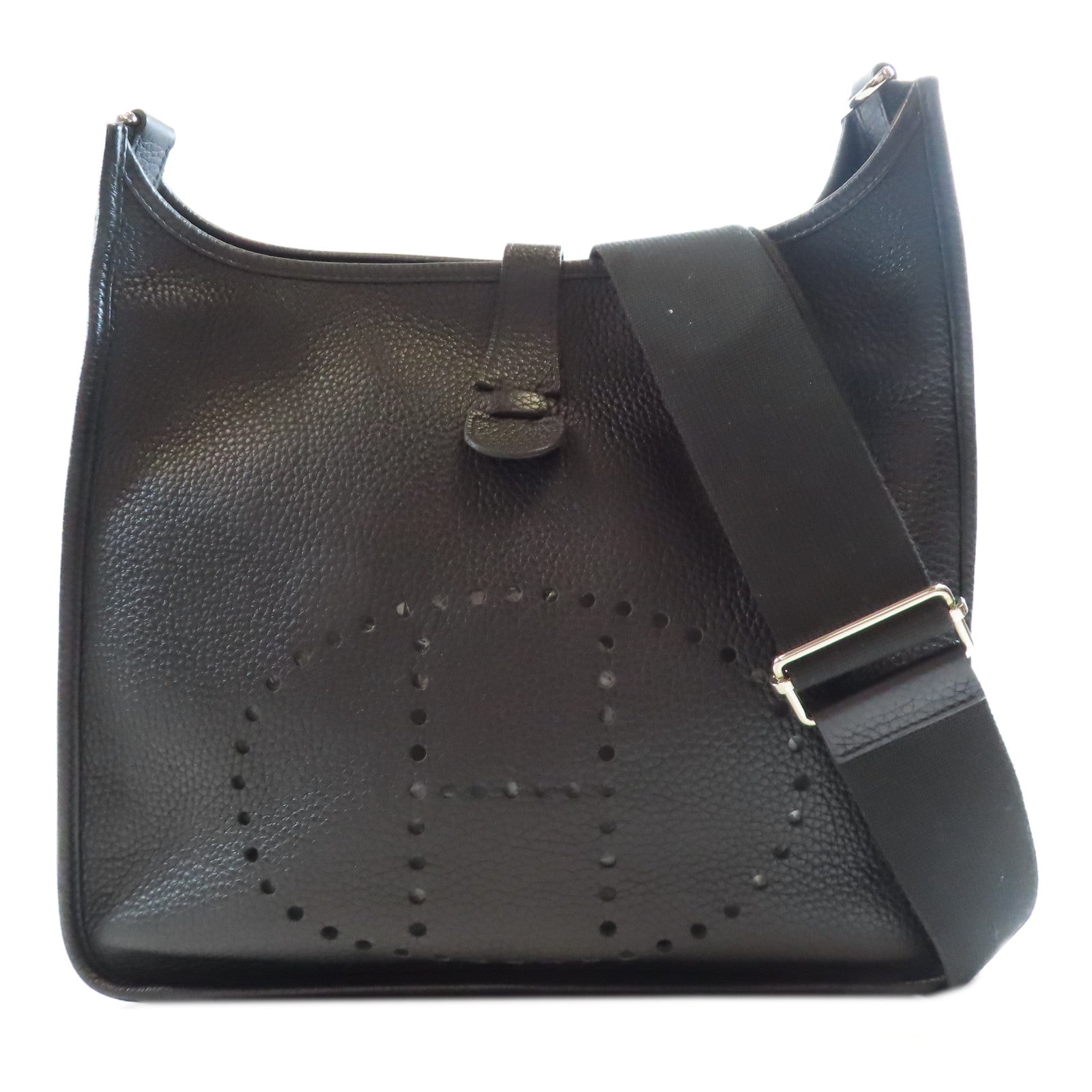 HERMES Clemence皮革Evelyne GM銀扣肩背袋黑色