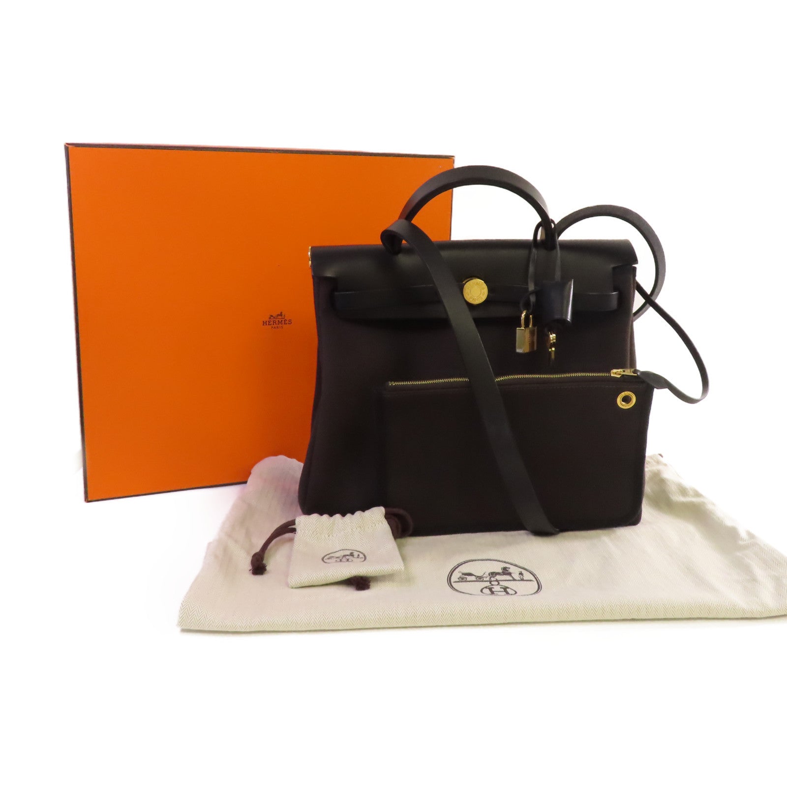 HERMES Toile Militaire帆布Herbag PM 2Way Shoulder Bag金扣手挽肩背兩用袋Ebene烏木色