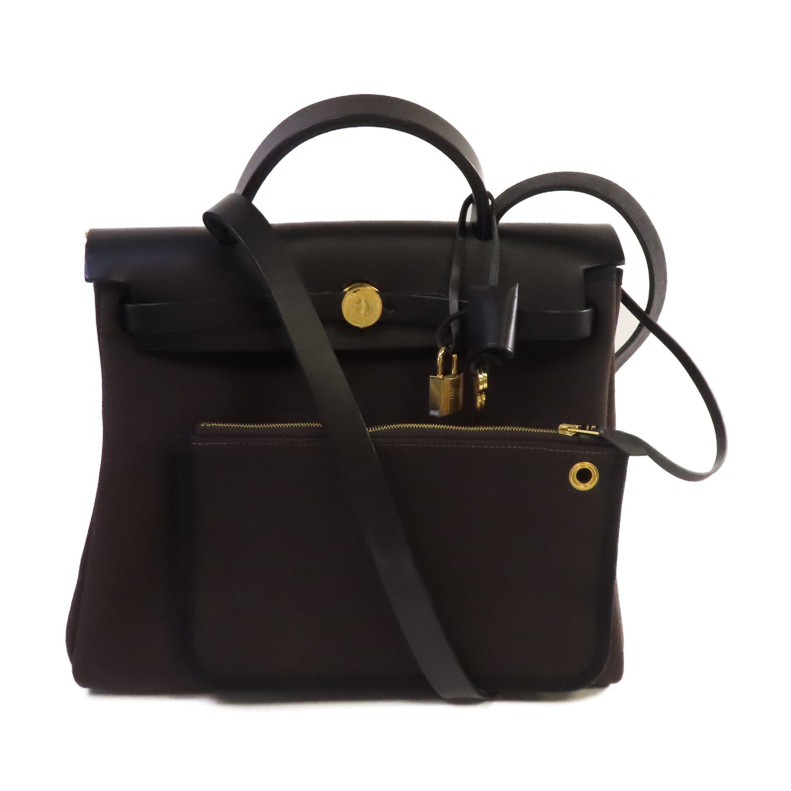 HERMES Toile Militaire帆布Herbag PM 2Way Shoulder Bag金扣手挽肩背兩用袋Ebene烏木色