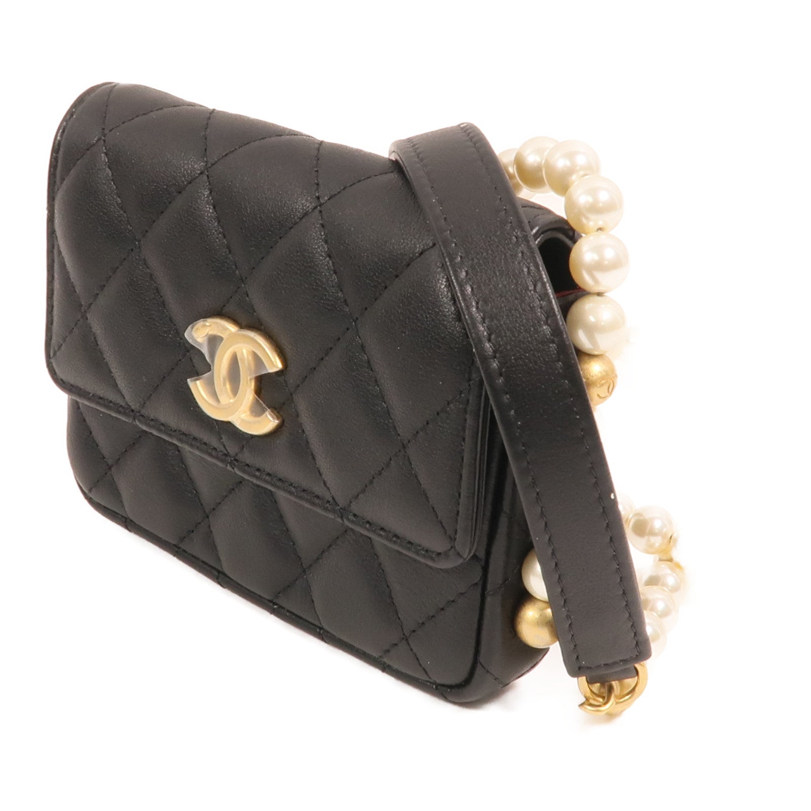 CHANEL 羊皮皮革Pearl Chain Wallet金扣鏈帶肩背袋