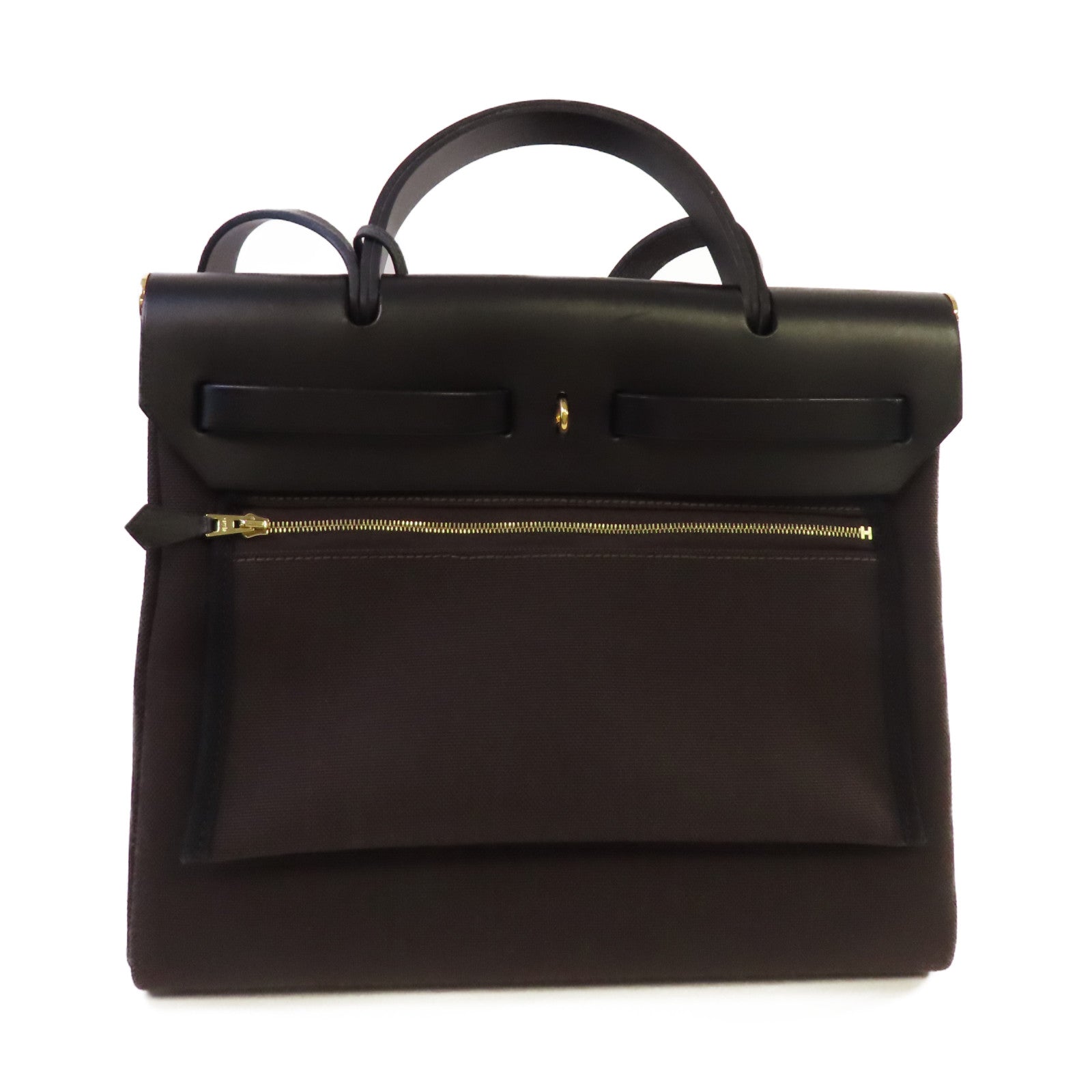 HERMES Toile Militaire帆布Herbag PM 2Way Shoulder Bag金扣手挽肩背兩用袋Ebene烏木色