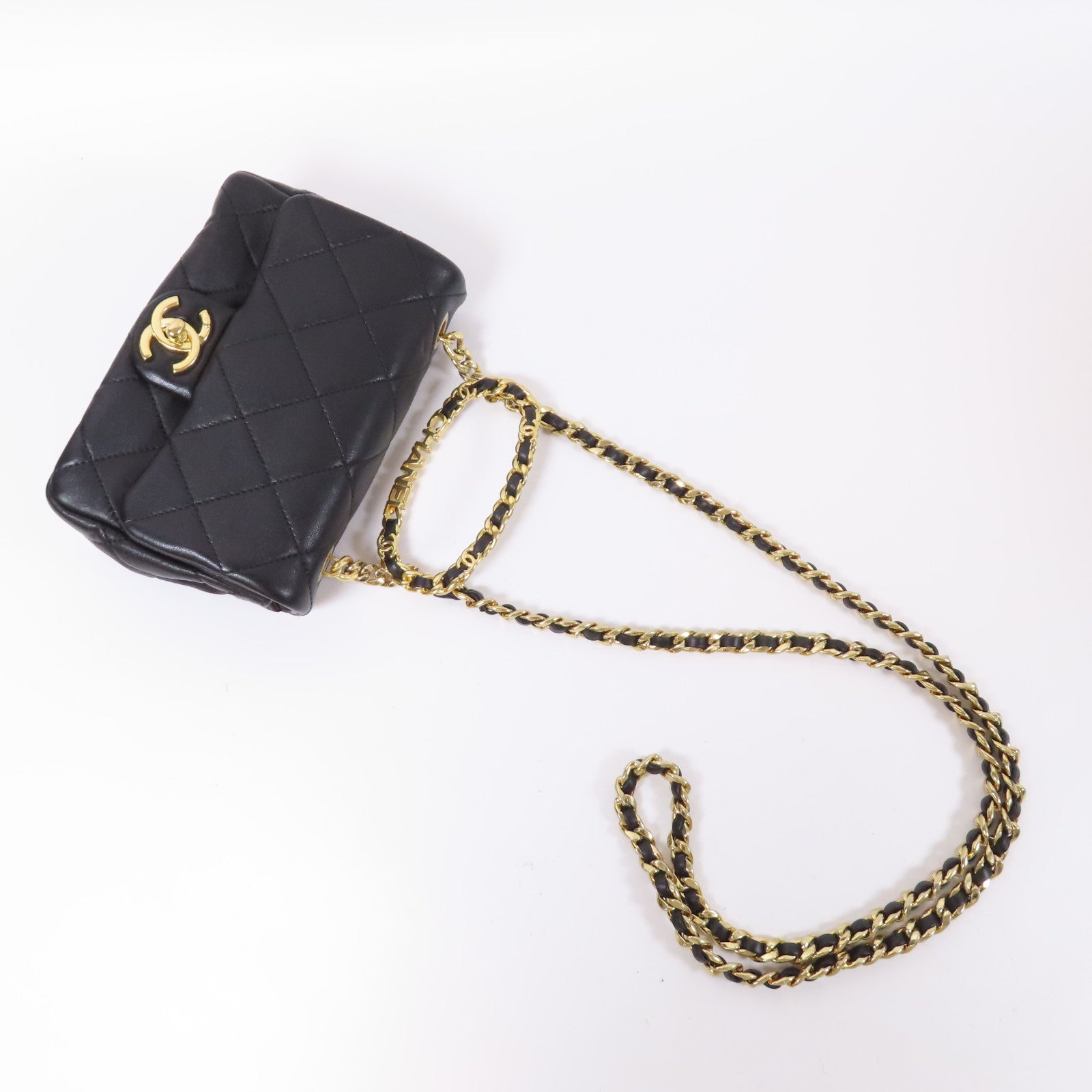 CHANEL 【激減優惠】菱格羊皮皮革2 Way Chain Shoulder金扣鏈帶手挽肩背兩用袋黑色
