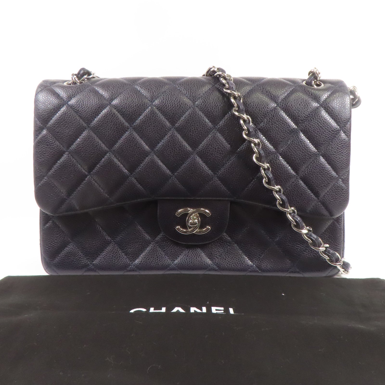 CHANEL 牛皮皮革Large Classic銀扣鏈帶肩背袋