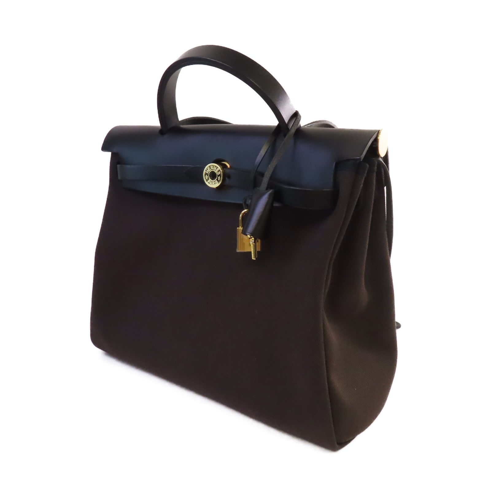 HERMES Toile Militaire帆布Herbag PM 2Way Shoulder Bag金扣手挽肩背兩用袋Ebene烏木色