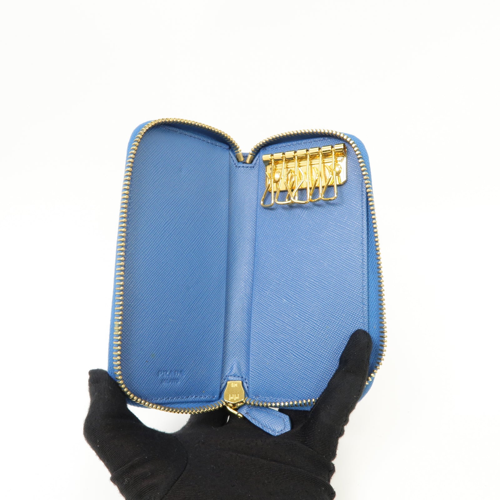 PRADA 牛皮皮革Key Case金扣鎖匙包藍色