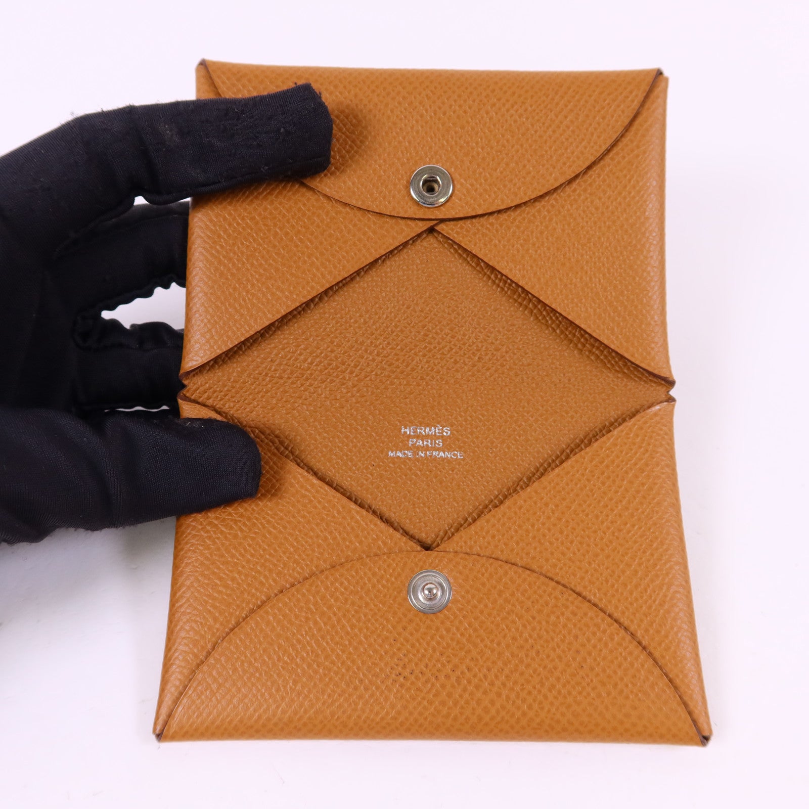 HERMES Epsom皮革Calvi Card Case銀扣卡片套Gold