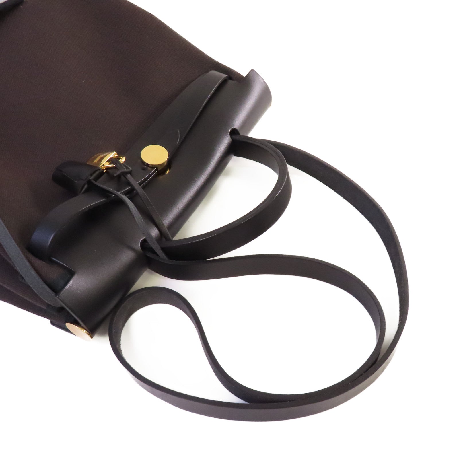 HERMES Toile Militaire帆布Herbag PM 2Way Shoulder Bag金扣手挽肩背兩用袋Ebene烏木色