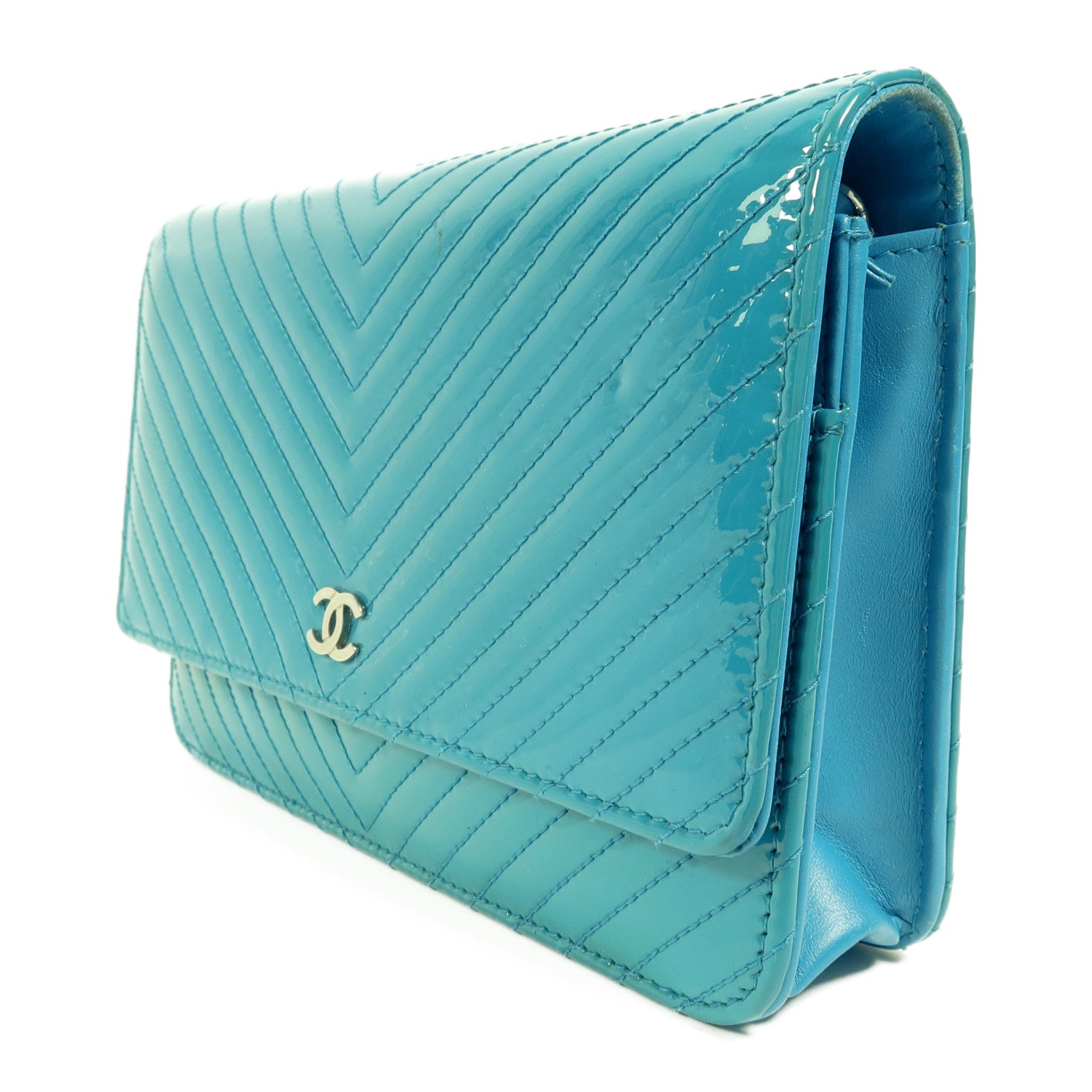 CHANEL 漆皮皮革WOC Chain Shoulder Bag銀扣鏈帶肩背袋