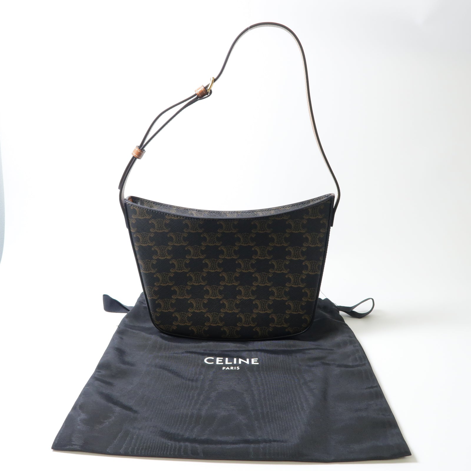 CELINE 【激減優惠】塗層帆布Croque金扣肩背袋黑色/啡色