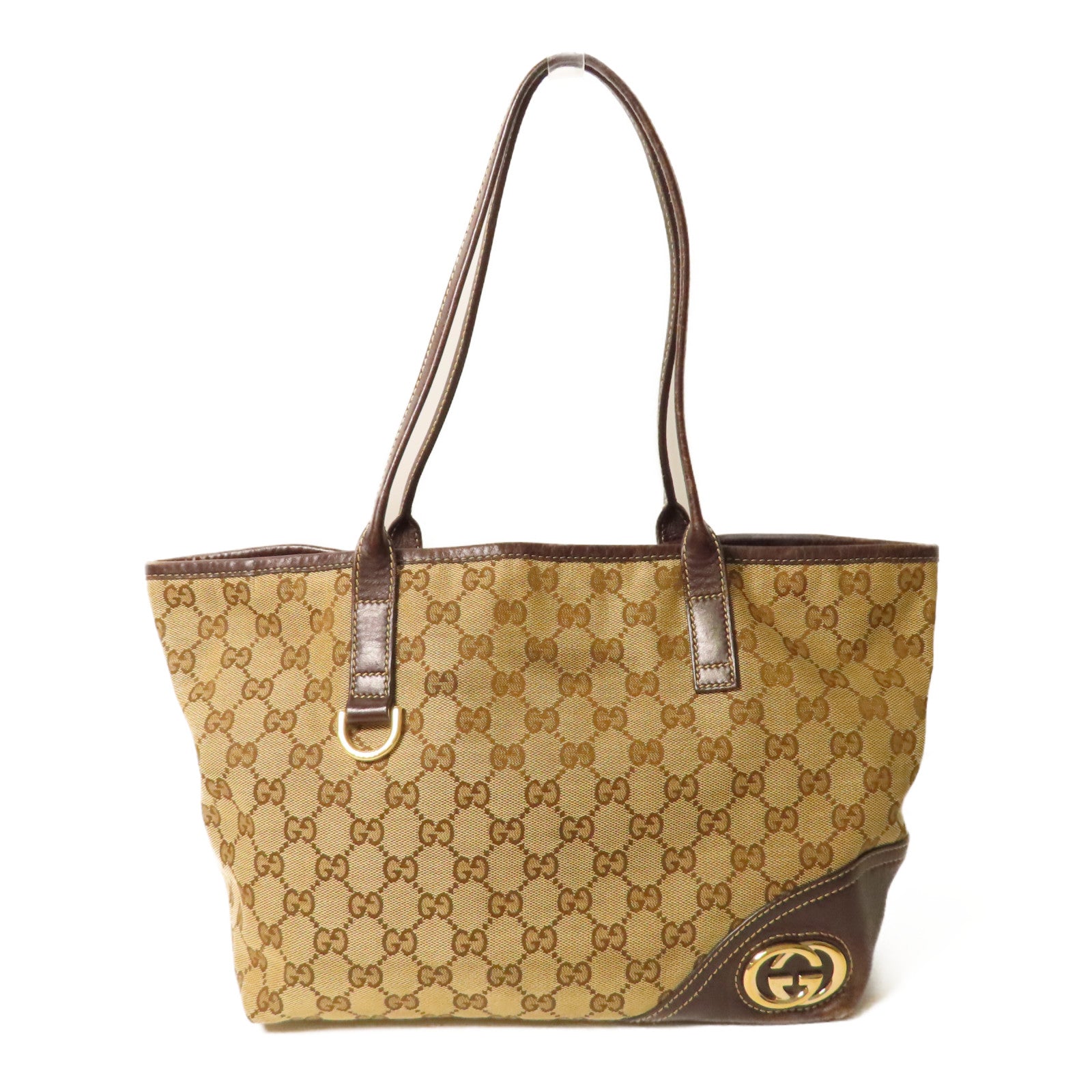 GUCCI 帆布Tote Bag金扣手挽袋啡色