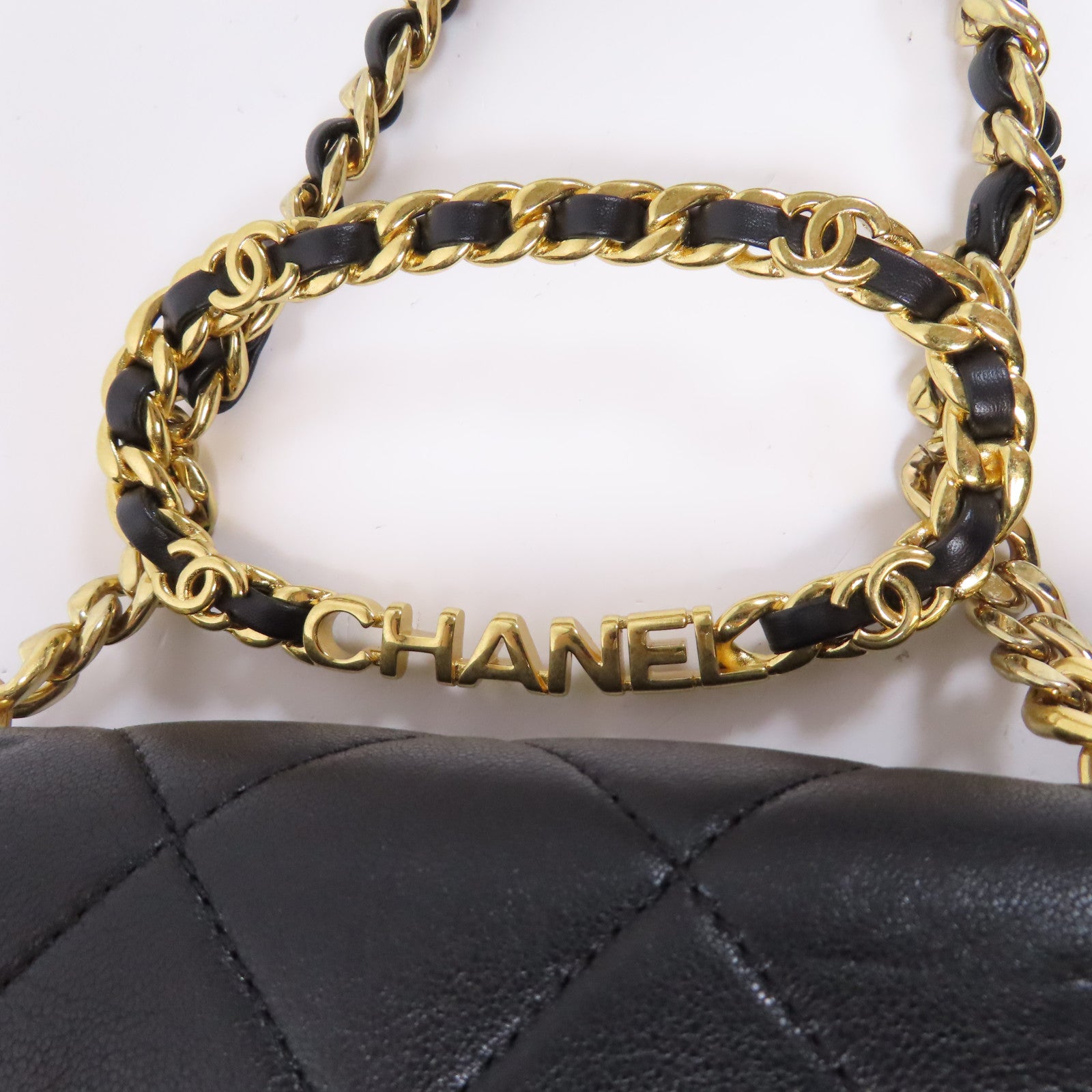 CHANEL 【激減優惠】菱格羊皮皮革2 Way Chain Shoulder金扣鏈帶手挽肩背兩用袋黑色