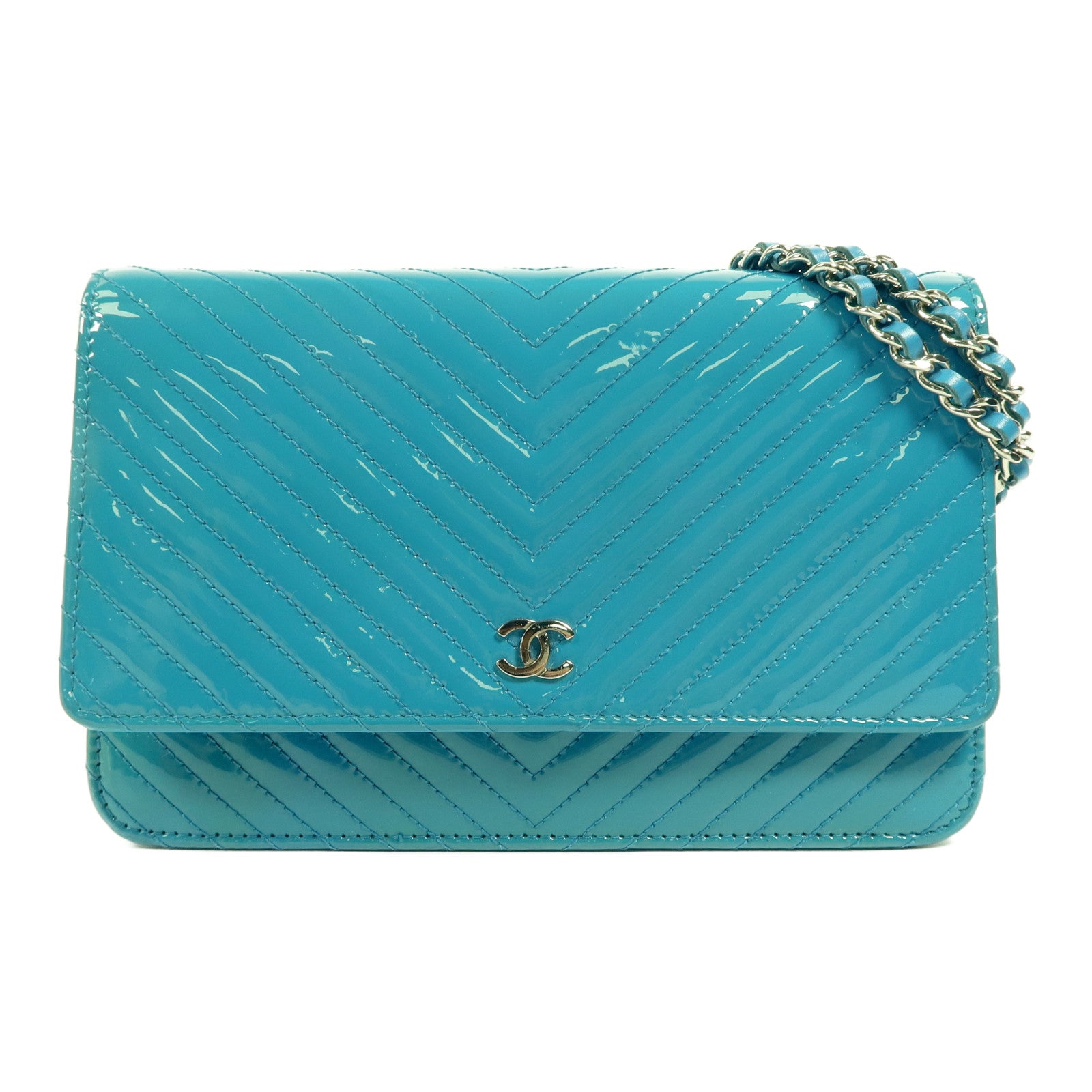 CHANEL 漆皮皮革WOC Chain Shoulder Bag銀扣鏈帶肩背袋