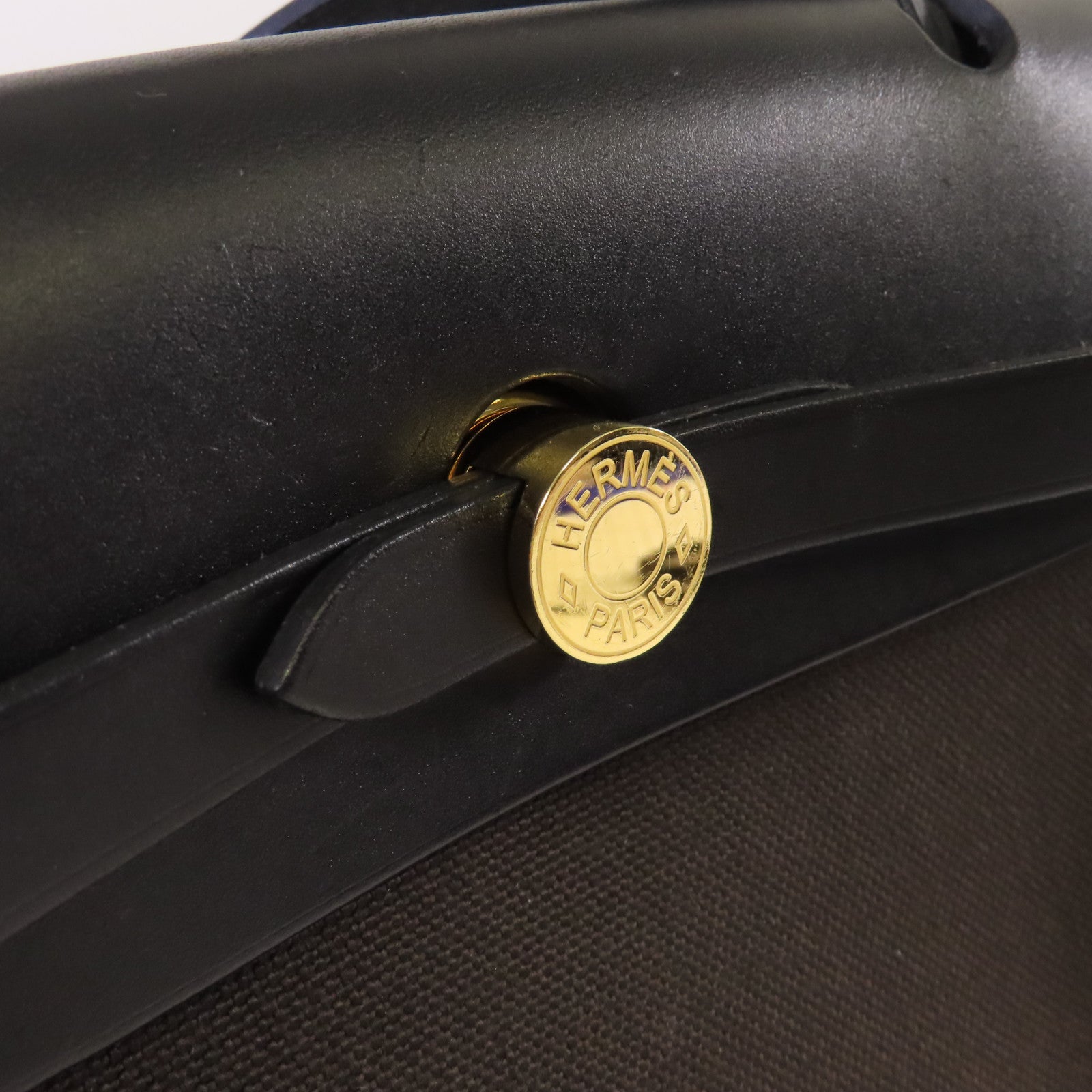 HERMES Toile Militaire帆布Herbag PM 2Way Shoulder Bag金扣手挽肩背兩用袋Ebene烏木色