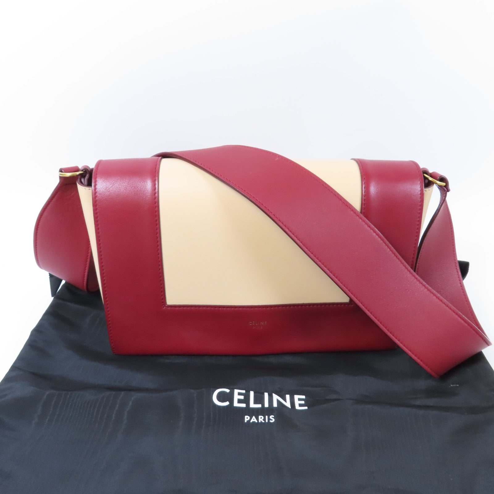 CELINE 【激減優惠】牛皮皮革Frame Medium Shoulder Bag金扣肩背袋紅色/米色
