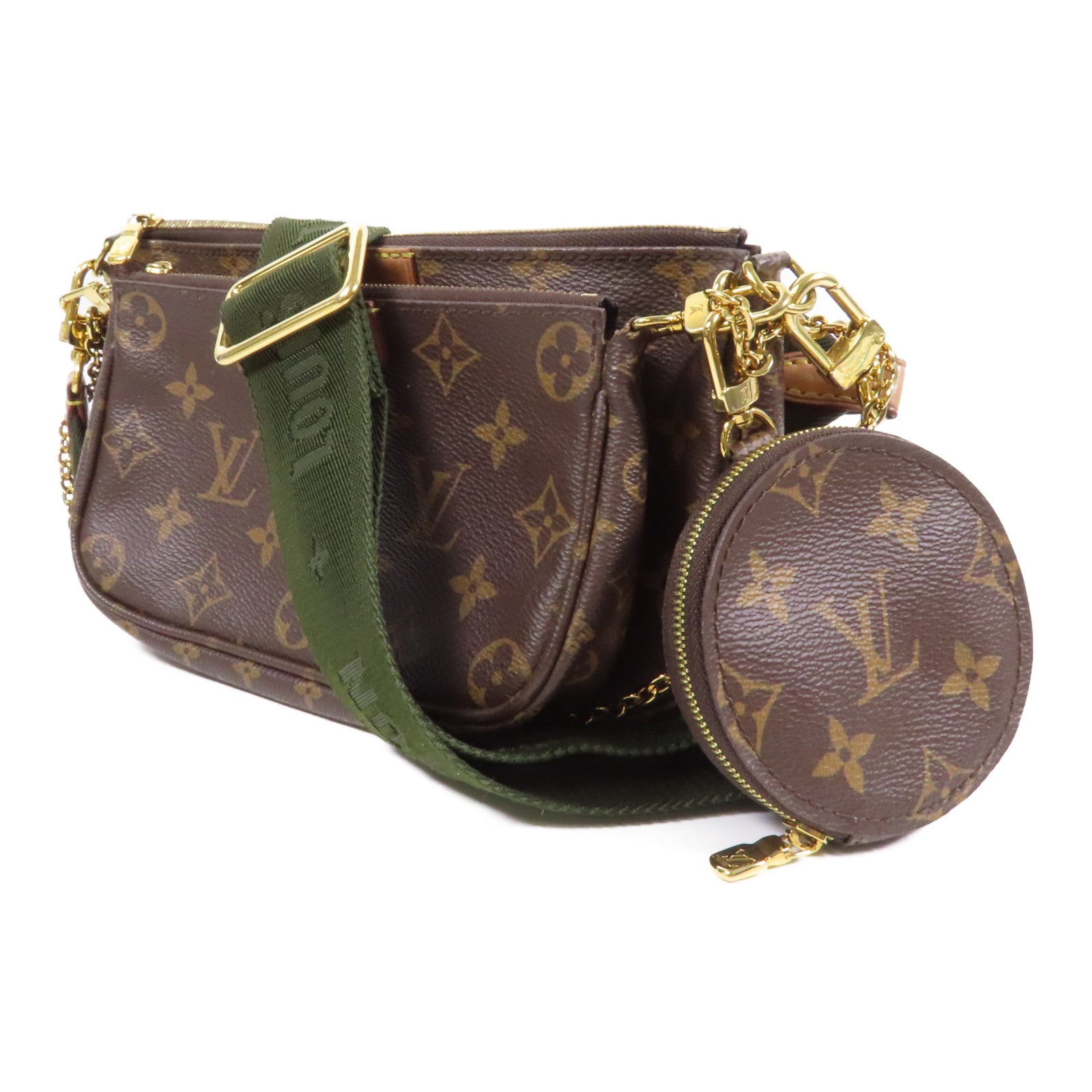 LOUIS VUITTON Monogram Multi Pochette Accessoires金扣手挽肩背兩用袋啡色/綠色