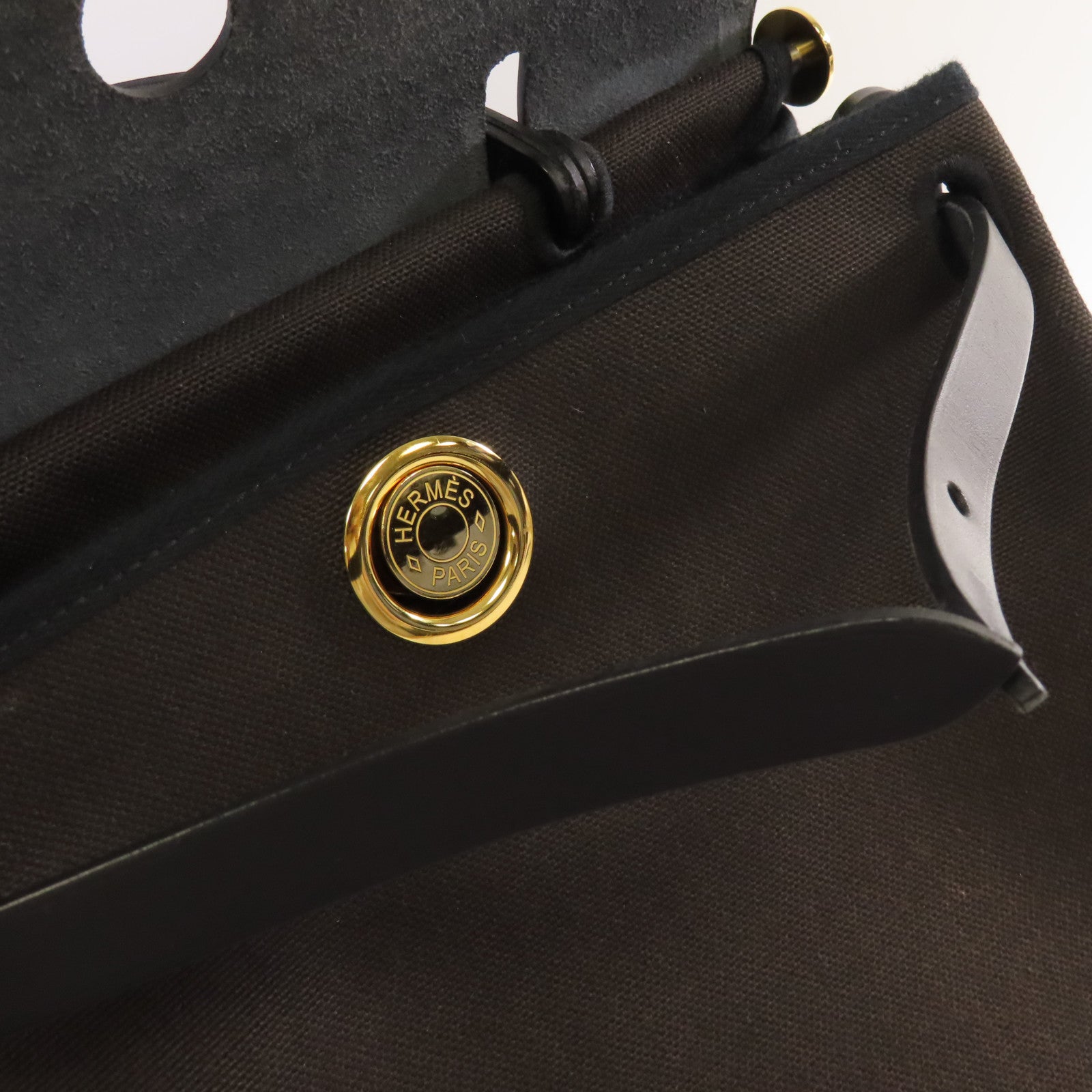 HERMES Toile Militaire帆布Herbag PM 2Way Shoulder Bag金扣手挽肩背兩用袋Ebene烏木色