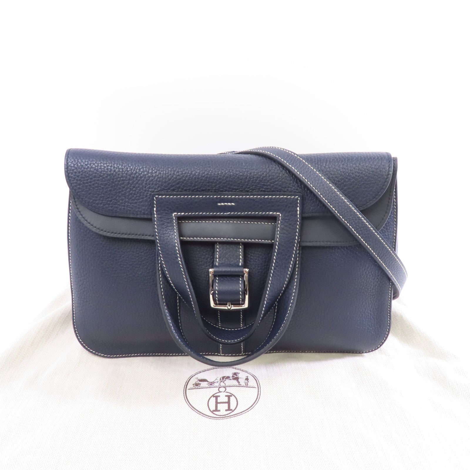 HERMES Clemence皮革Halzan 31銀扣手挽肩背兩用袋Deep Blue藍色