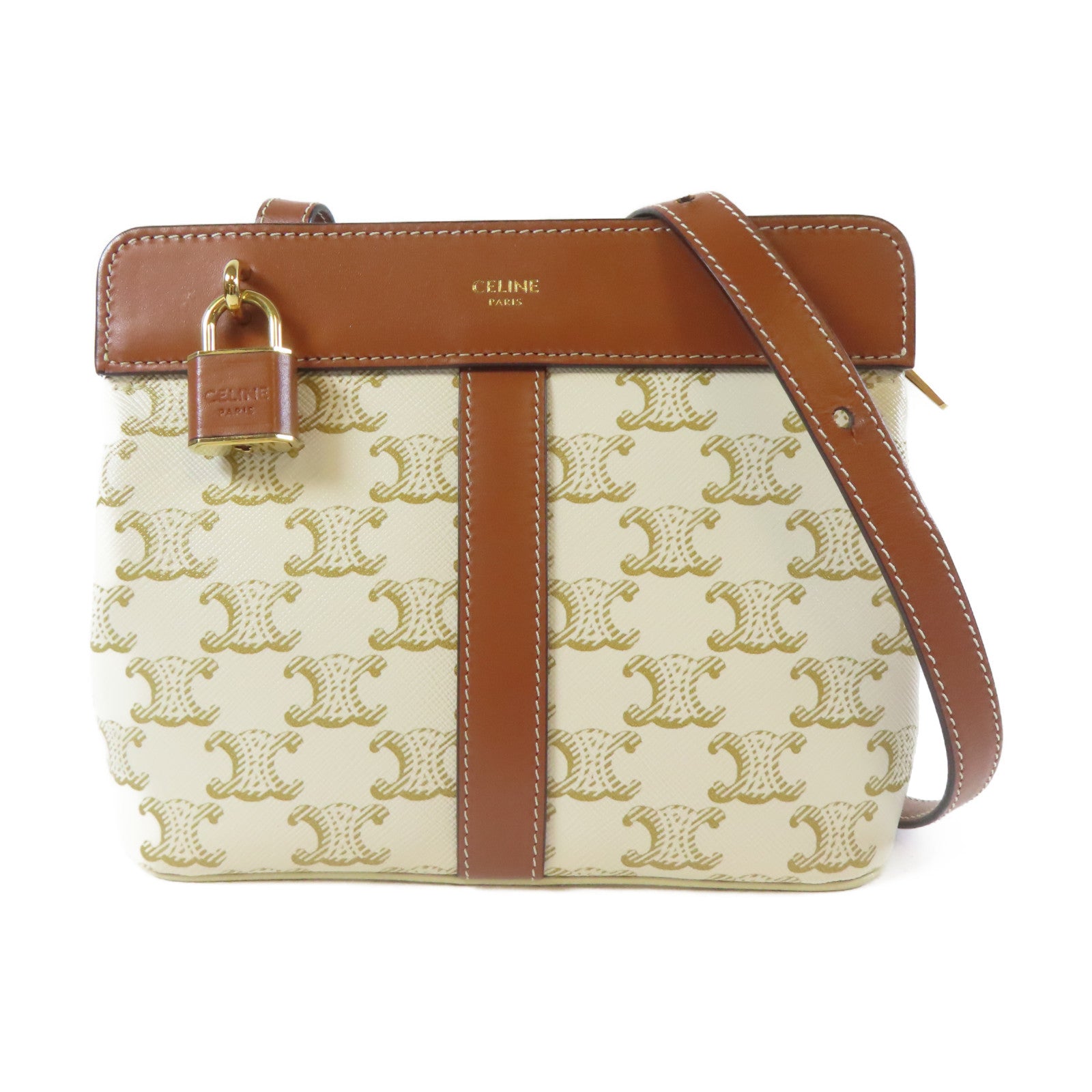 CELINE Triomphe塗層帆布Shoulder Bag金扣肩背袋白色/啡色