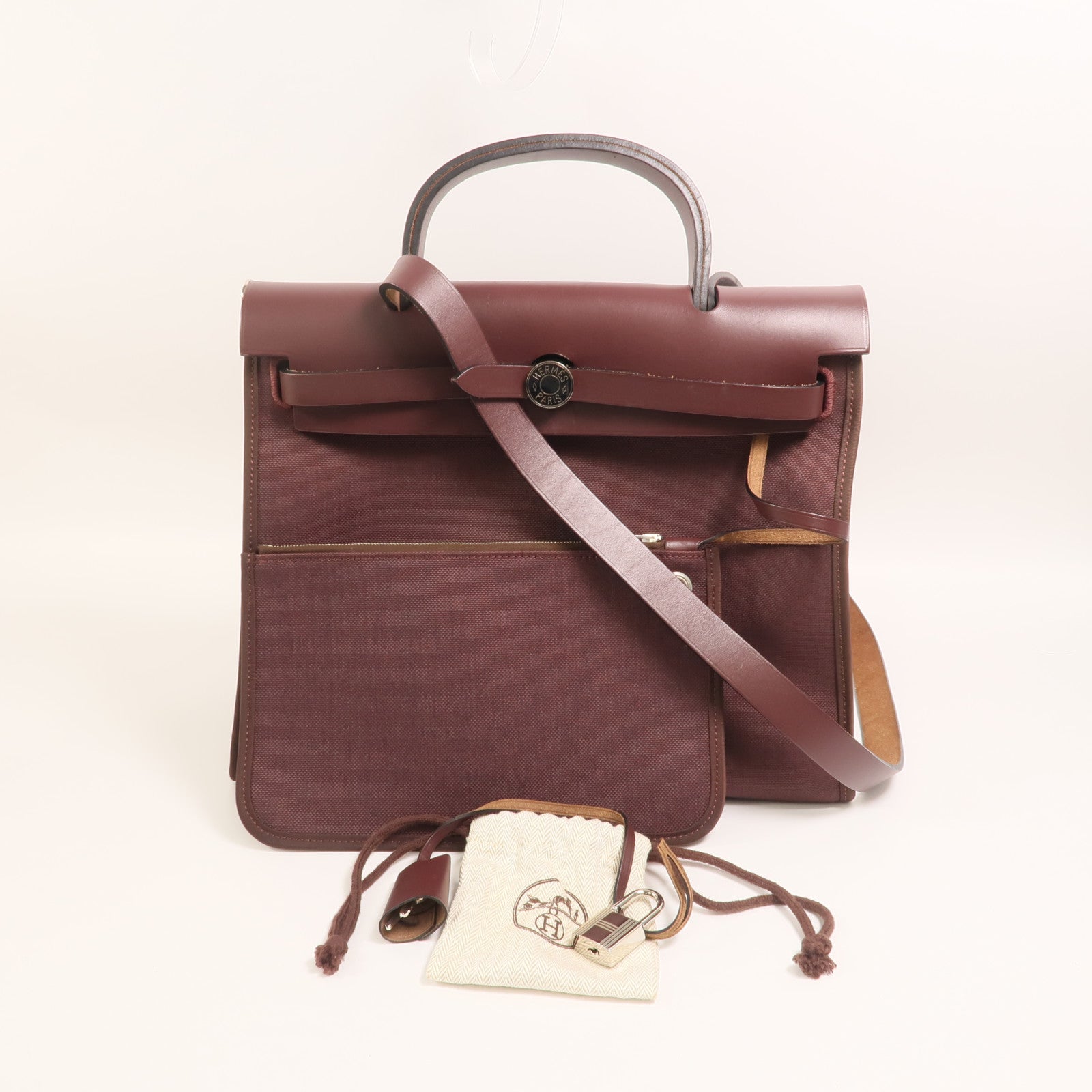 HERMES Toile H帆布Herbag PM手挽肩背兩用袋Rouge Sellier