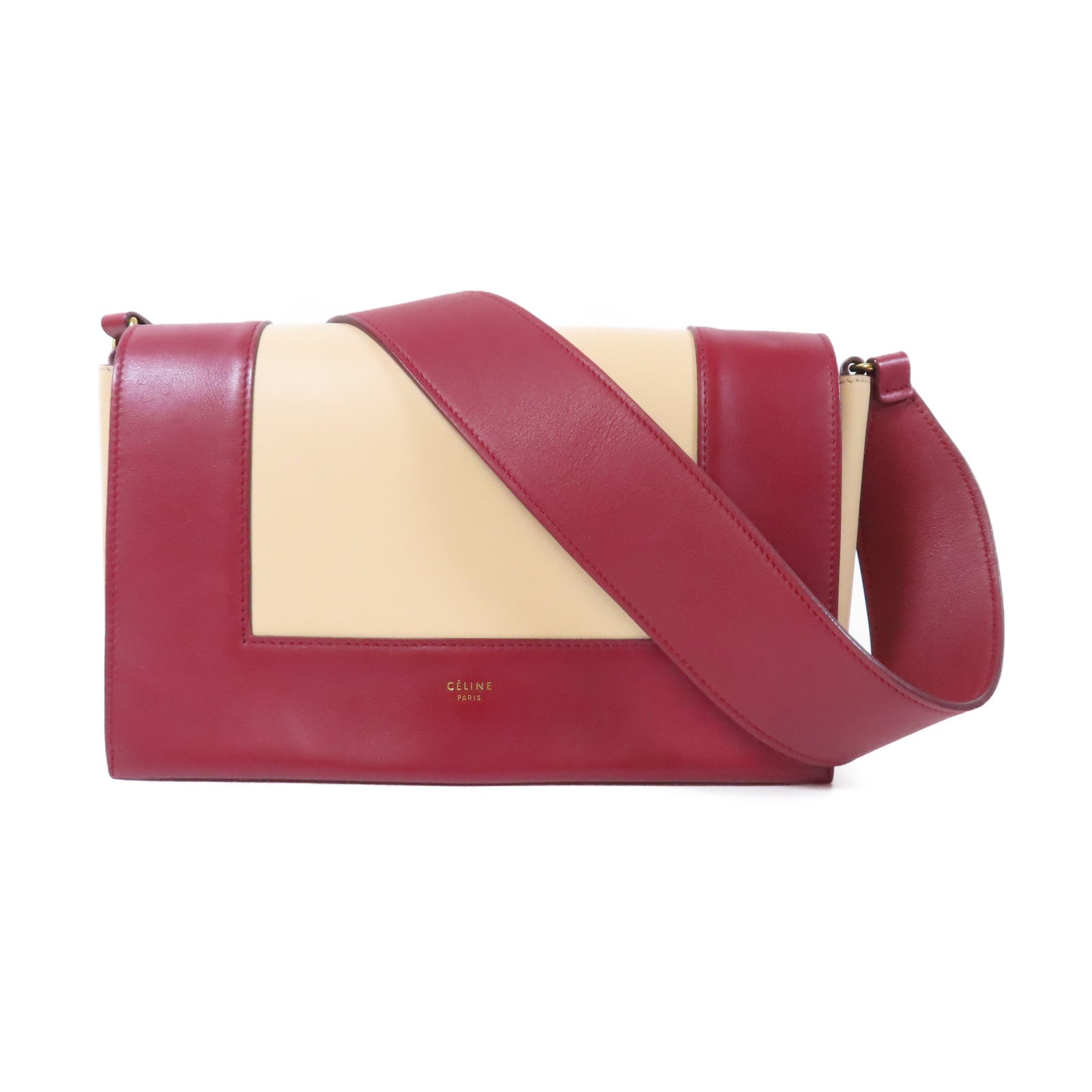 CELINE 【激減優惠】牛皮皮革Frame Medium Shoulder Bag金扣肩背袋紅色/米色